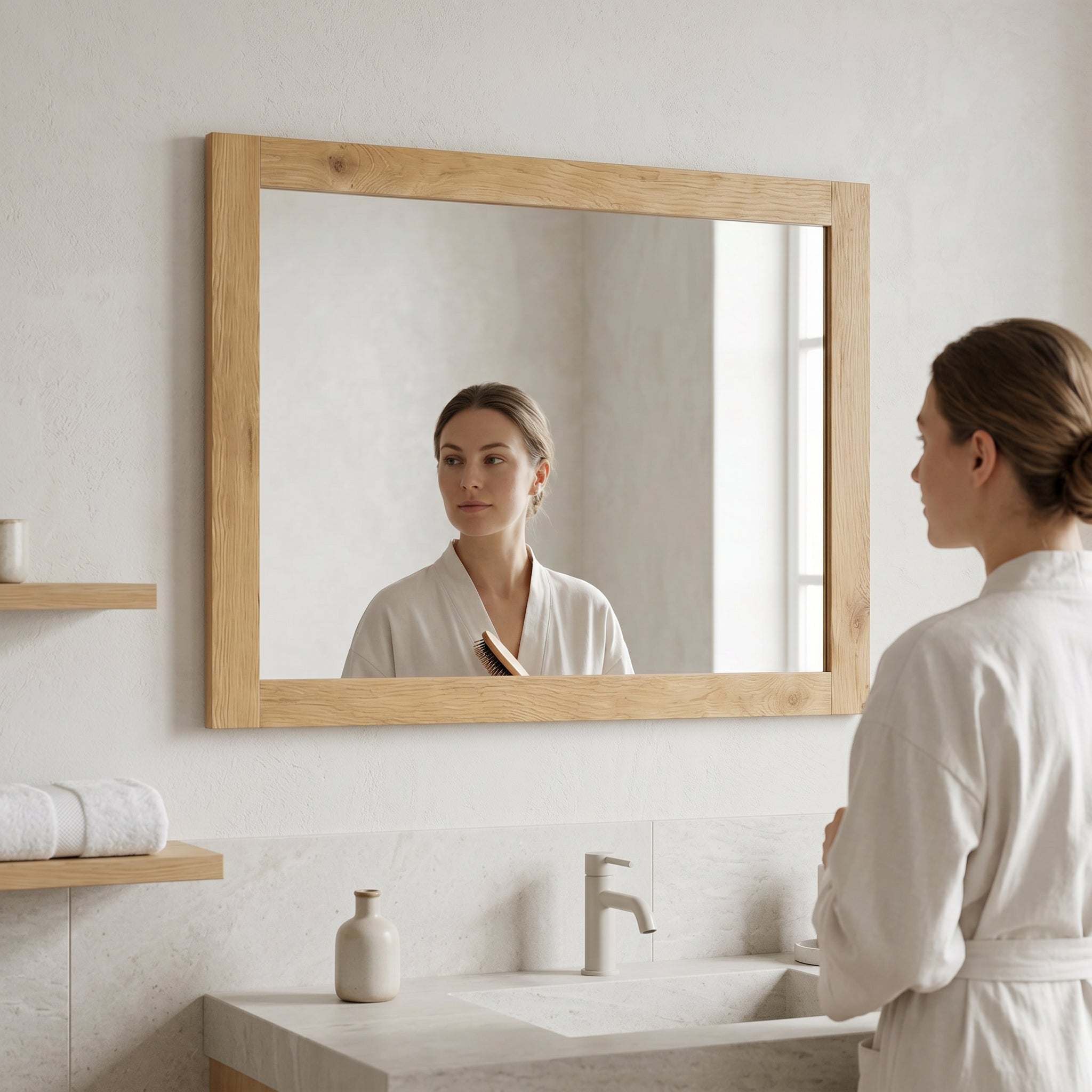 36" Frosted Oak Rectangular Framed Mirror with Dual Installation