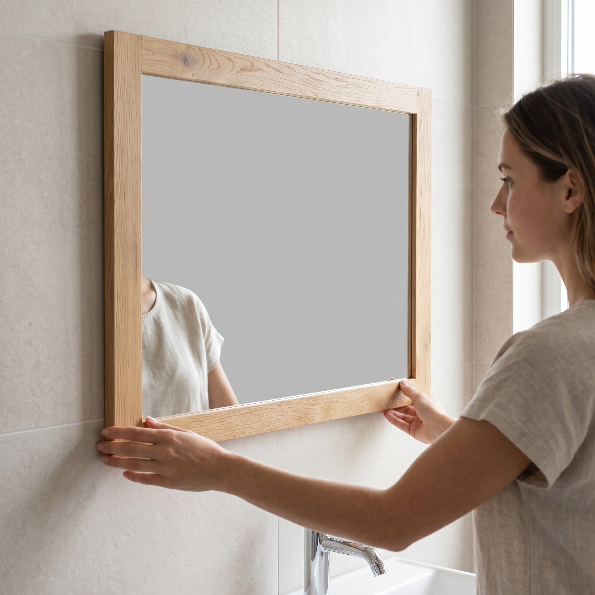 36" Frosted Oak Rectangular Framed Mirror with Dual Installation
