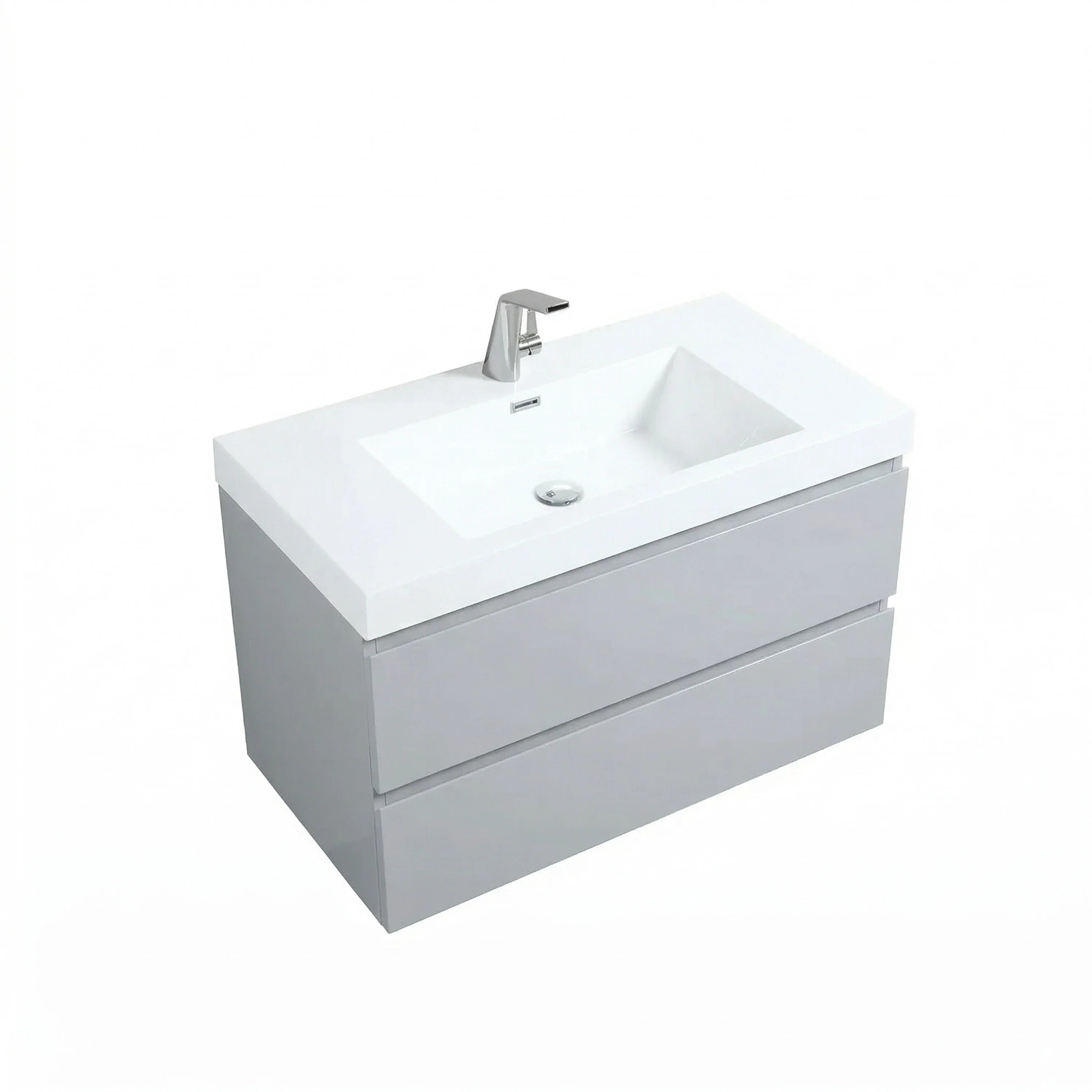 36" Grey Wall-Mount Single Sink Bathroom Vanity with White Polymarble Countertop