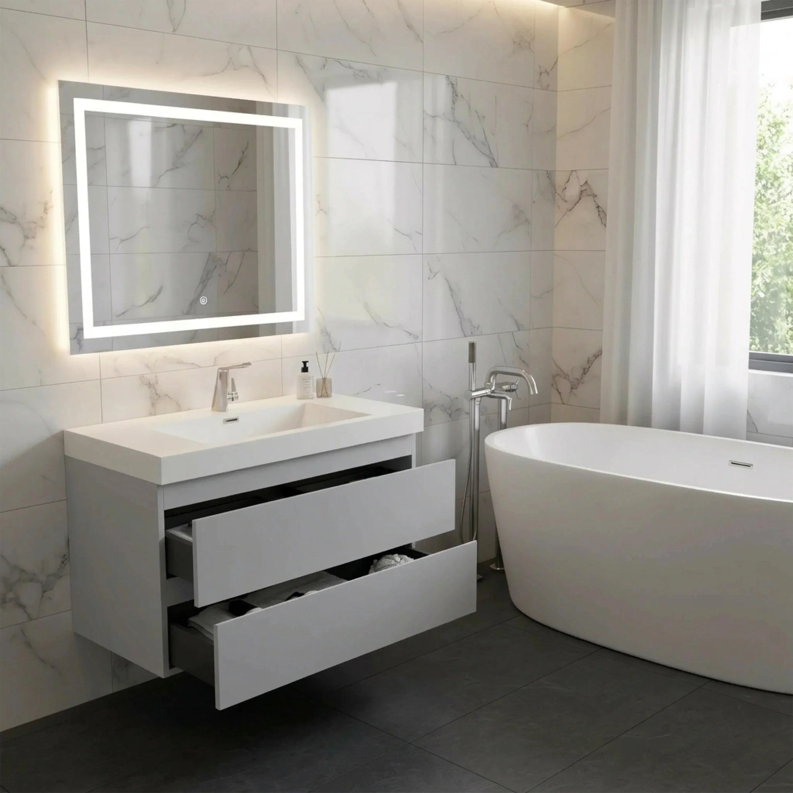 36" Grey Wall-Mount Single Sink Bathroom Vanity with White Polymarble Countertop