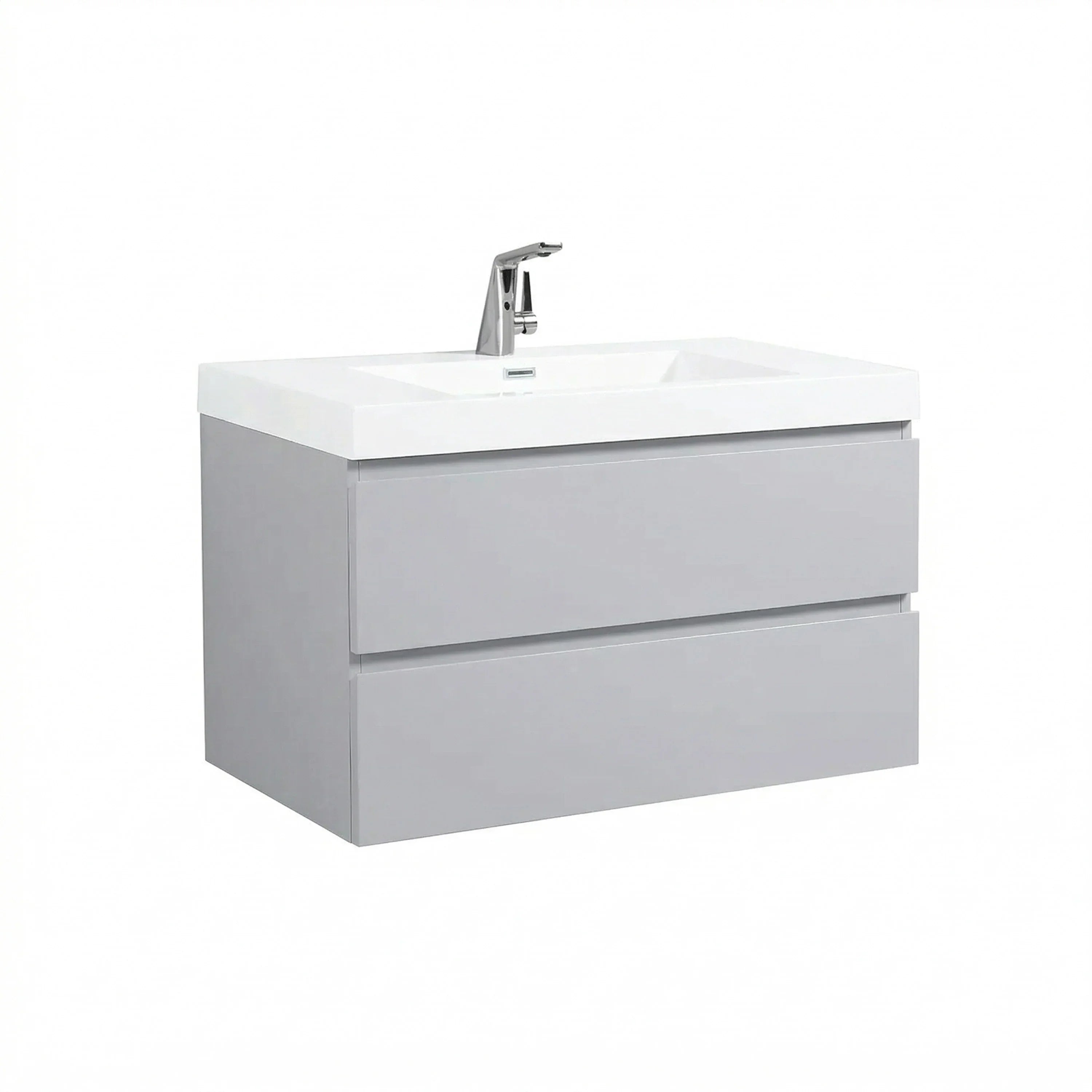 36" Grey Wall-Mount Single Sink Bathroom Vanity with White Polymarble Countertop