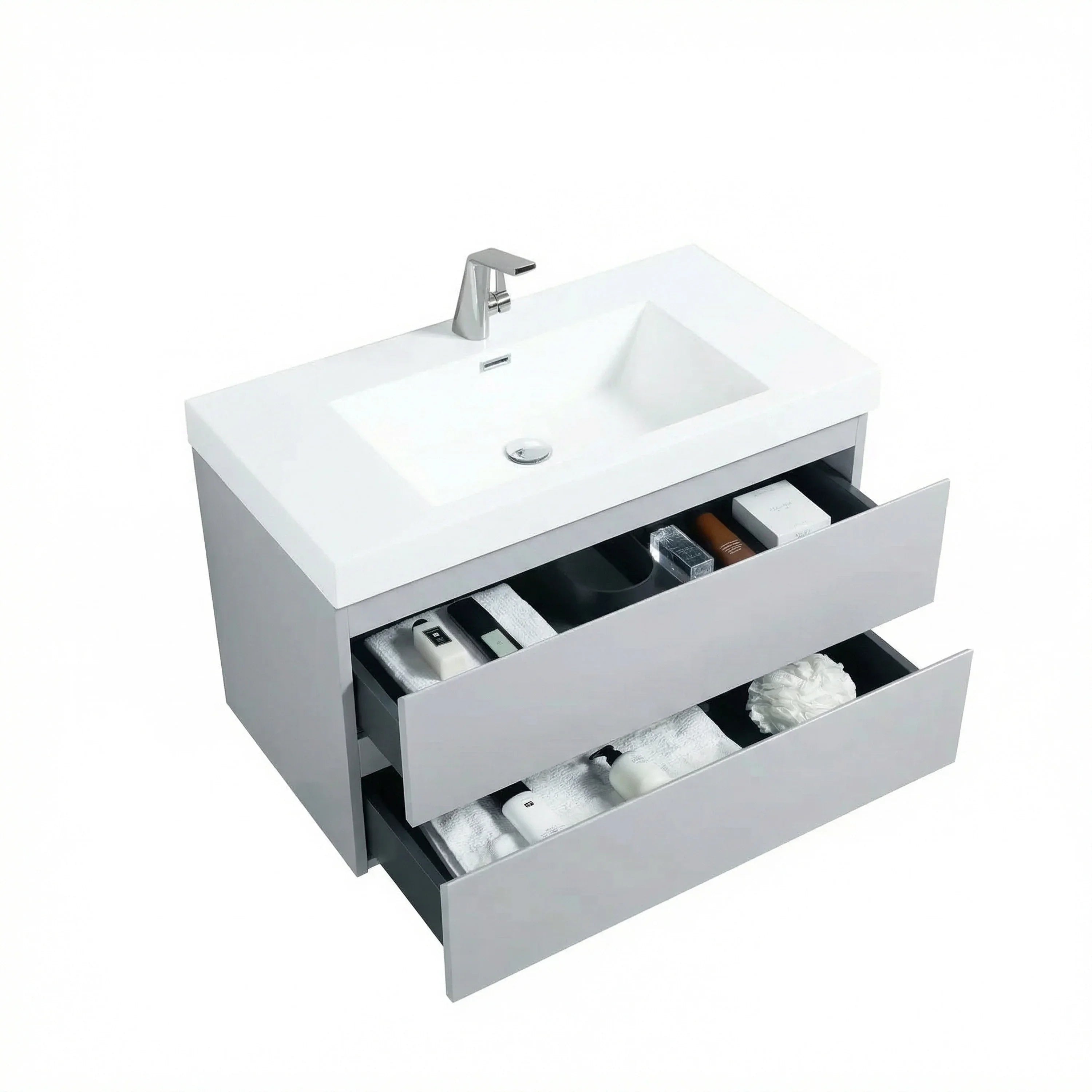 36" Grey Wall-Mount Single Sink Bathroom Vanity with White Polymarble Countertop
