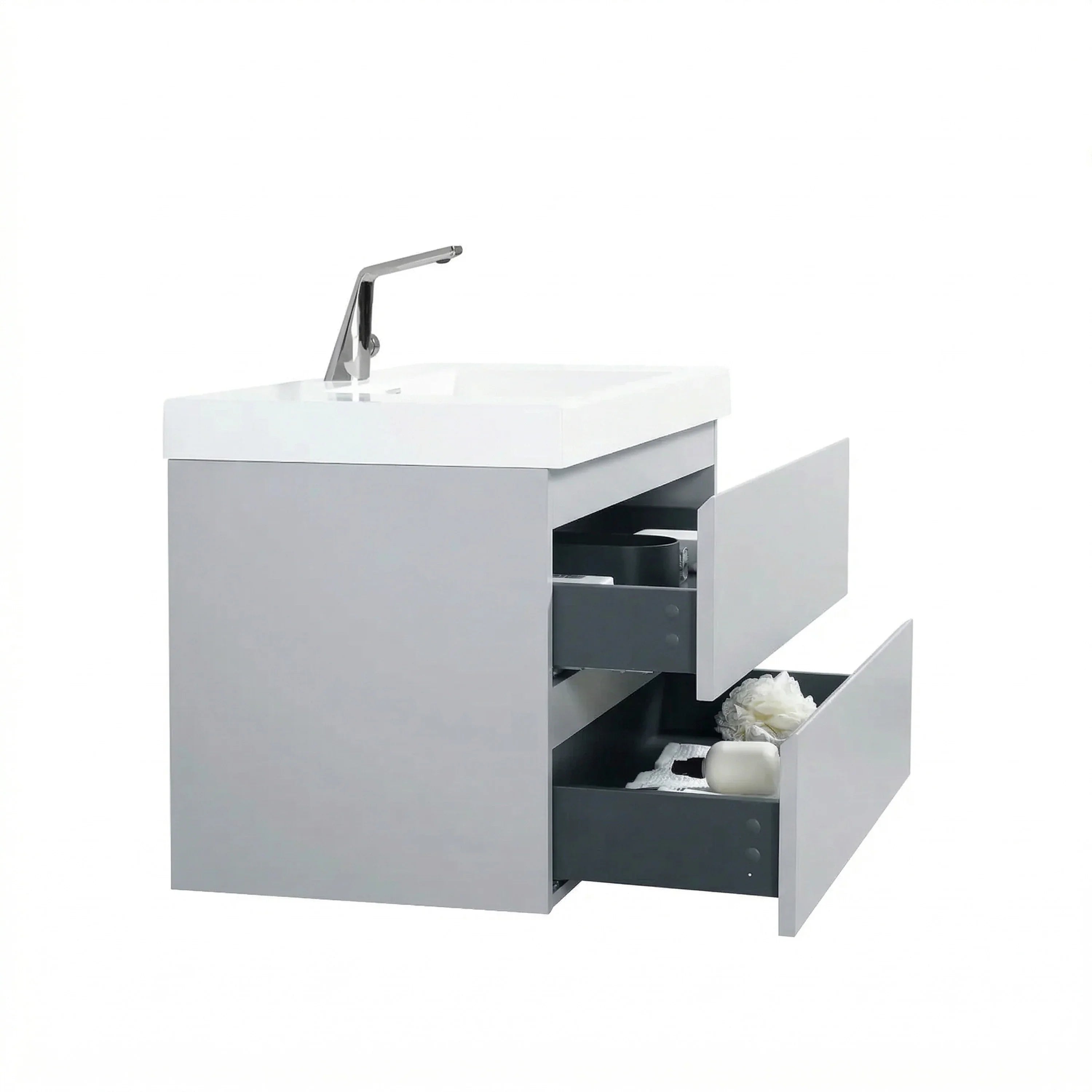 36" Grey Wall-Mount Single Sink Bathroom Vanity with White Polymarble Countertop