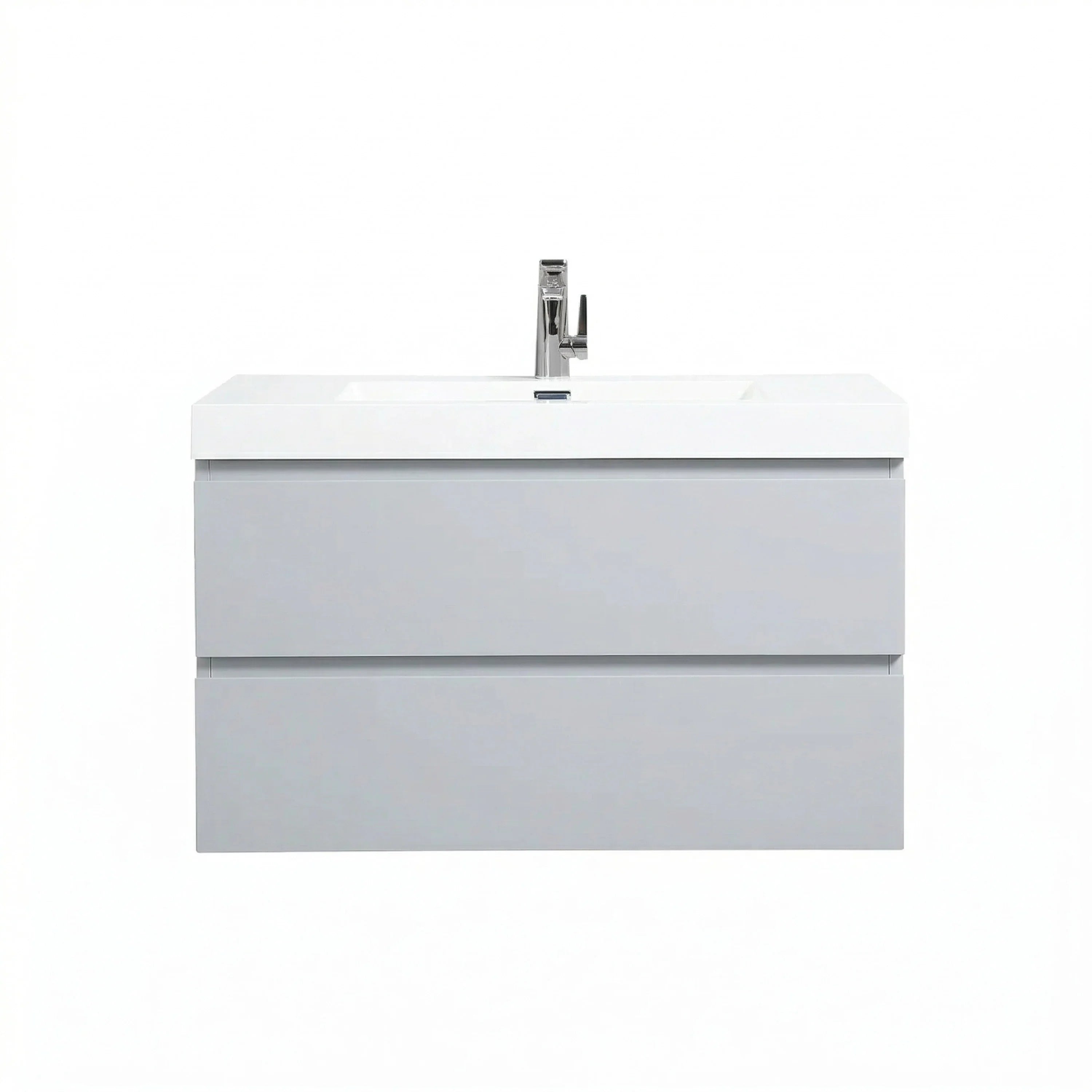 36" Grey Wall-Mount Single Sink Bathroom Vanity with White Polymarble Countertop