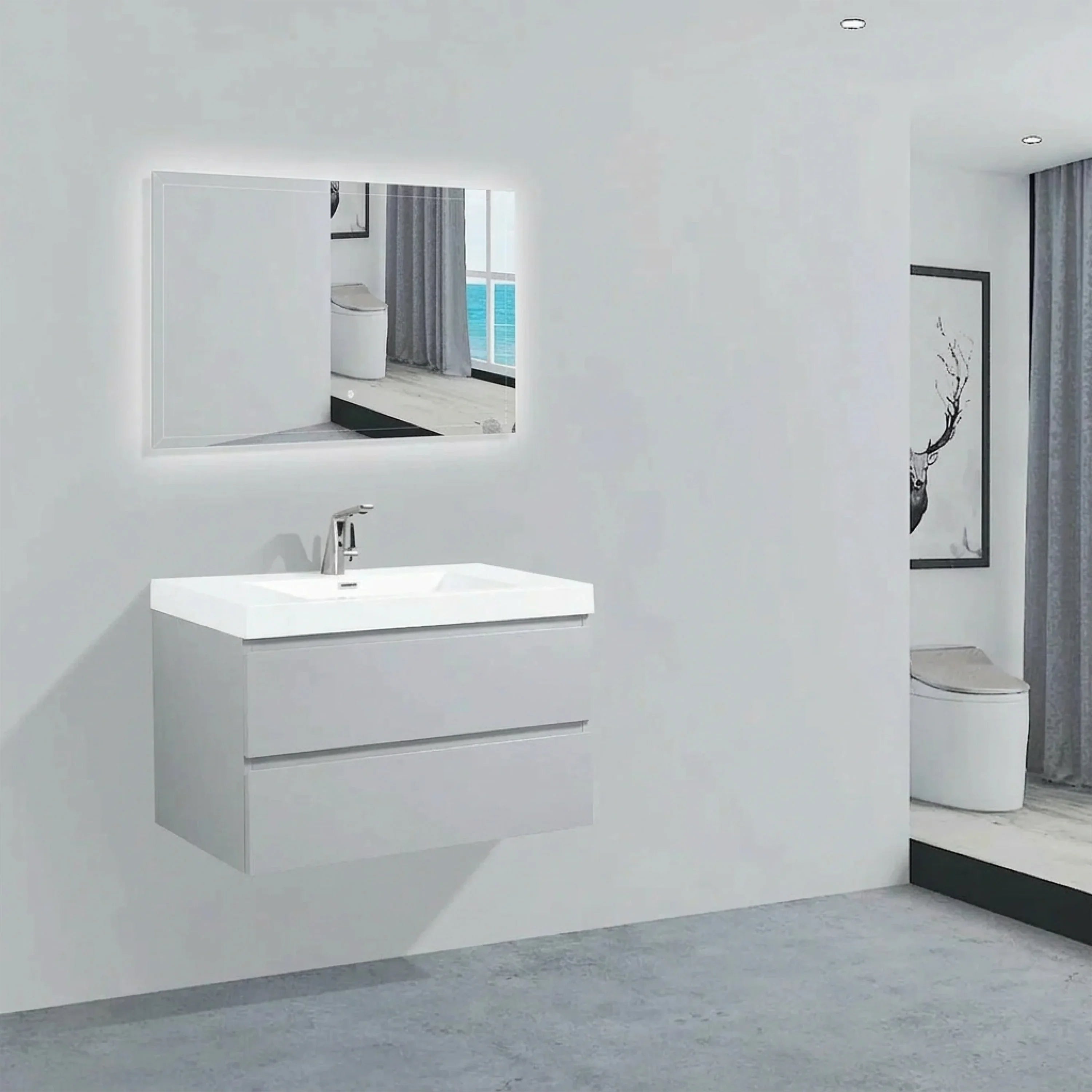36" Grey Wall-Mount Single Sink Bathroom Vanity with White Polymarble Countertop