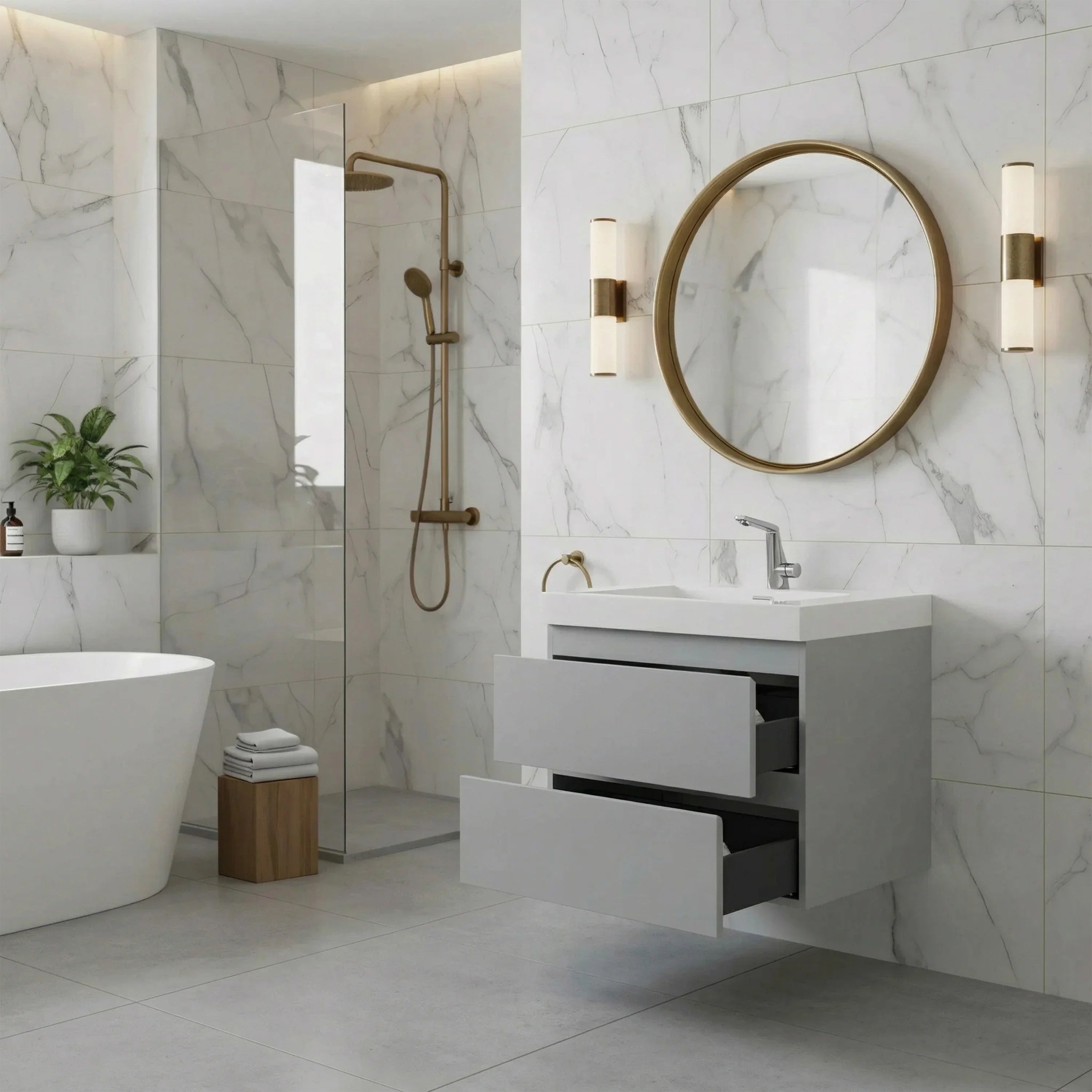 36" Grey Wall-Mount Single Sink Bathroom Vanity with White Polymarble Countertop