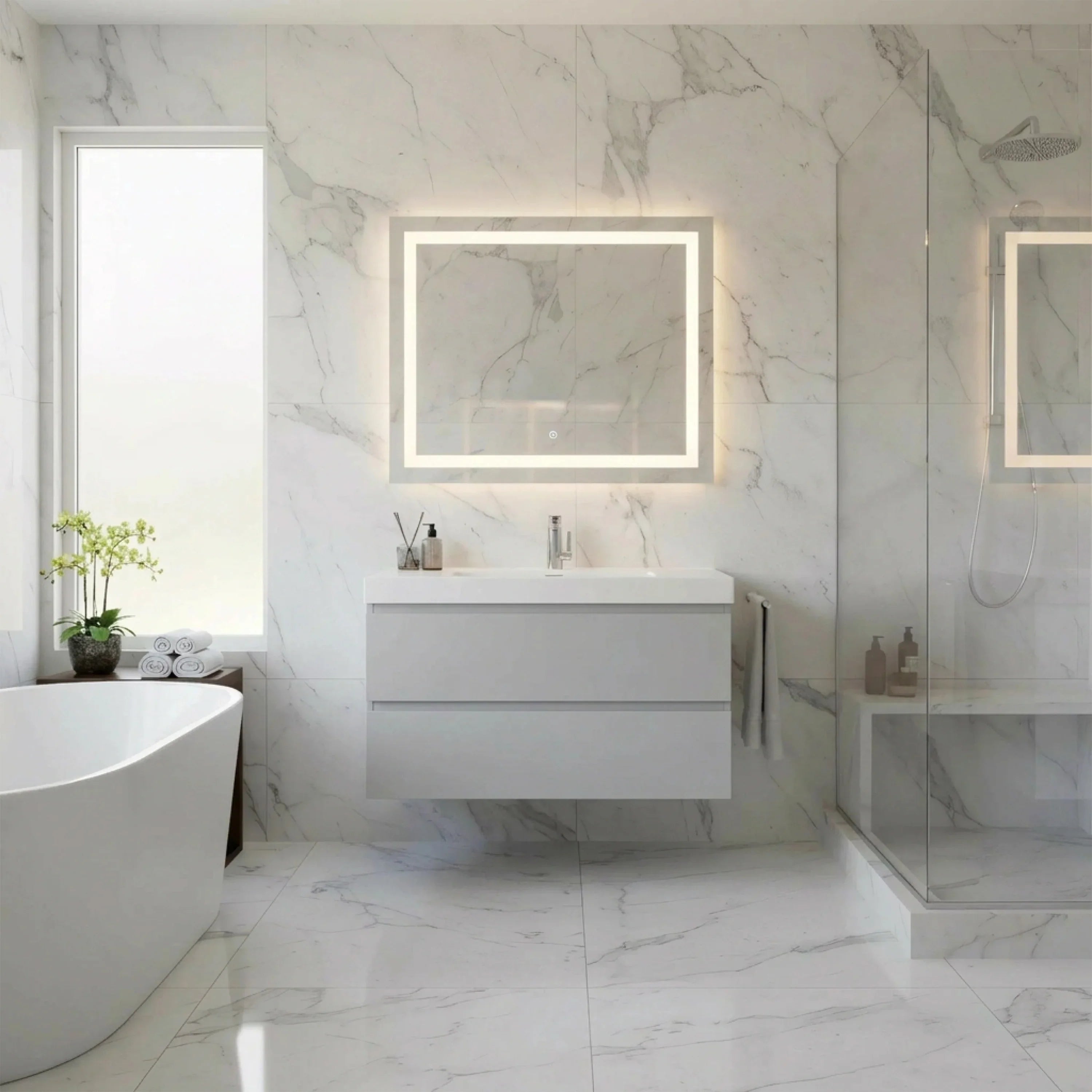 36" Grey Wall-Mount Single Sink Bathroom Vanity with White Polymarble Countertop