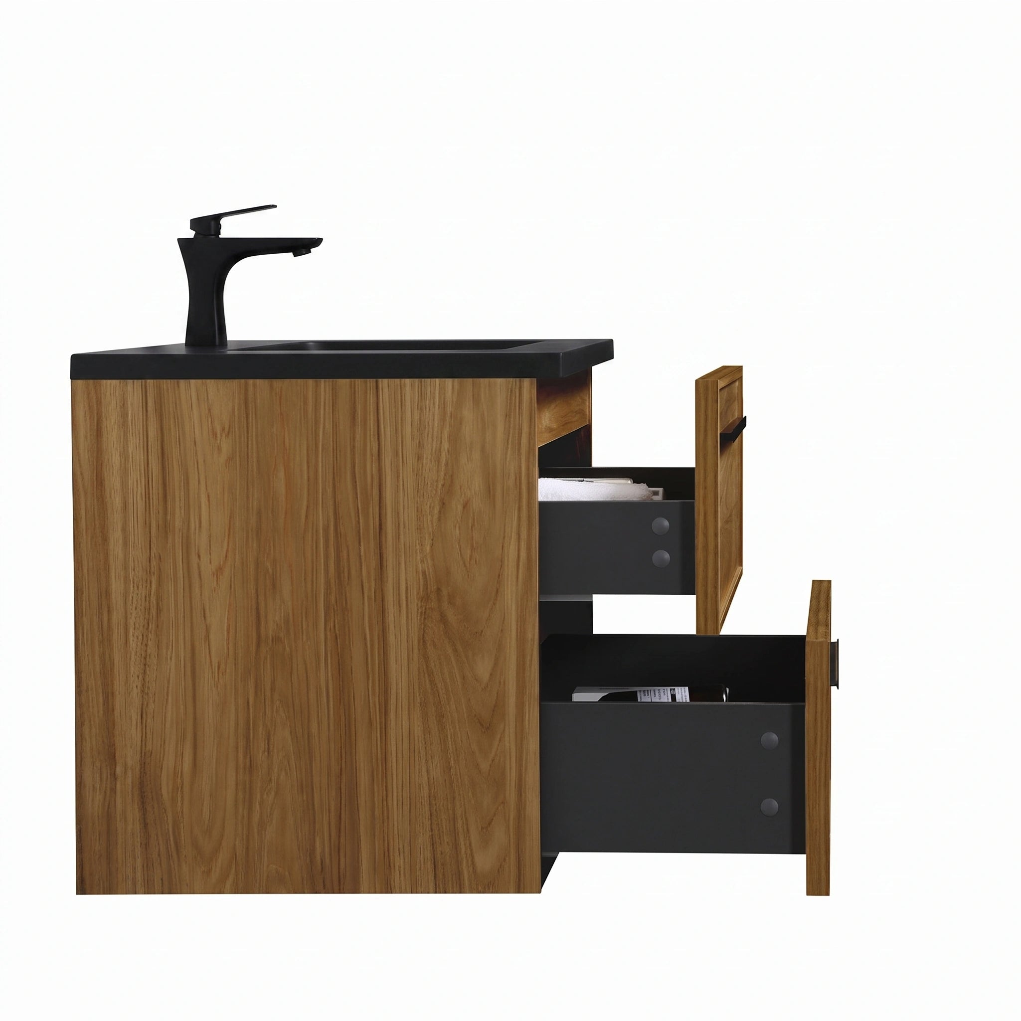 Meuble-lavabo mural 36" Honey Gold Walnut avec comptoir en quartz usiné noir et poignées