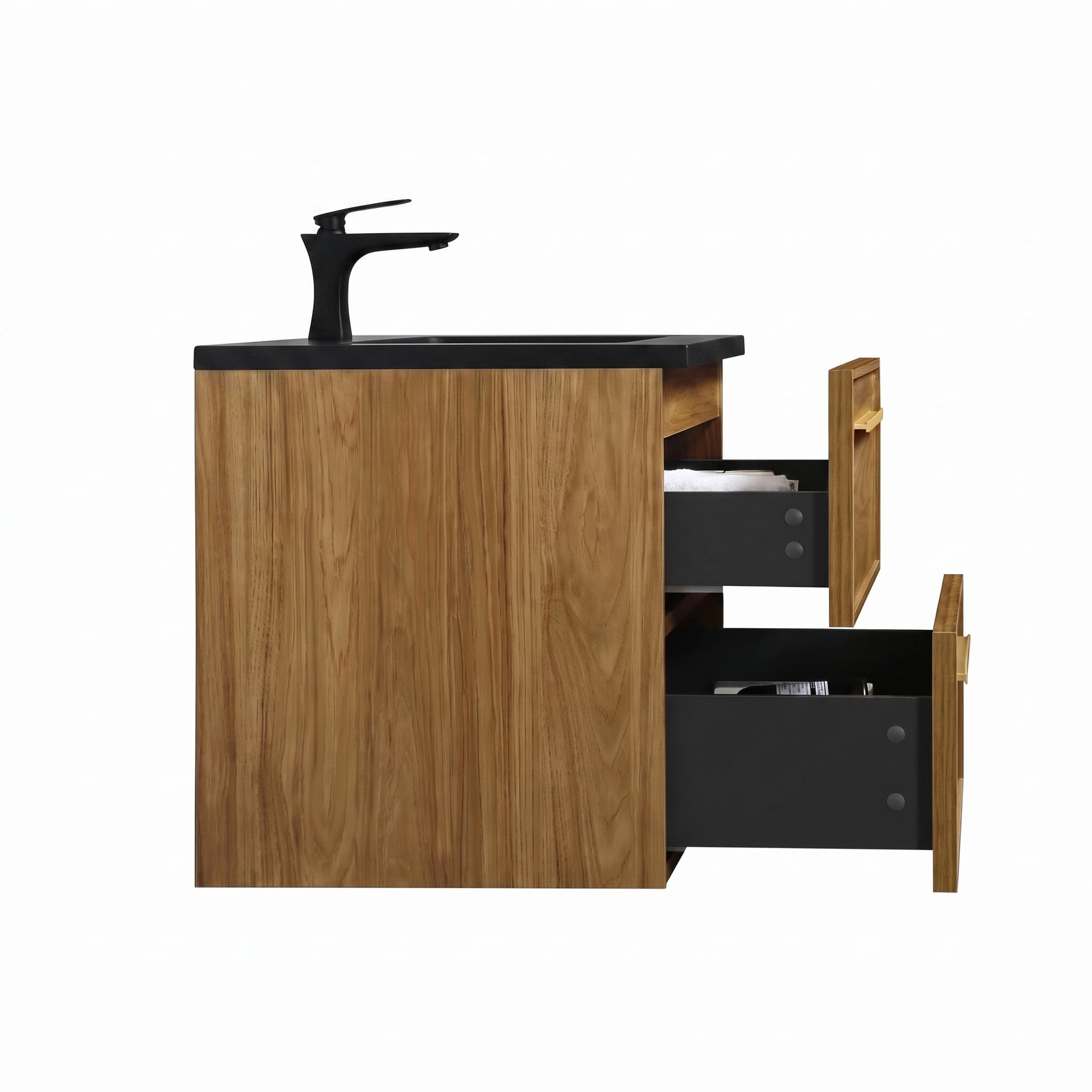 Meuble-lavabo mural 36" Honey Gold Walnut avec comptoir en quartz usiné noir et poignées