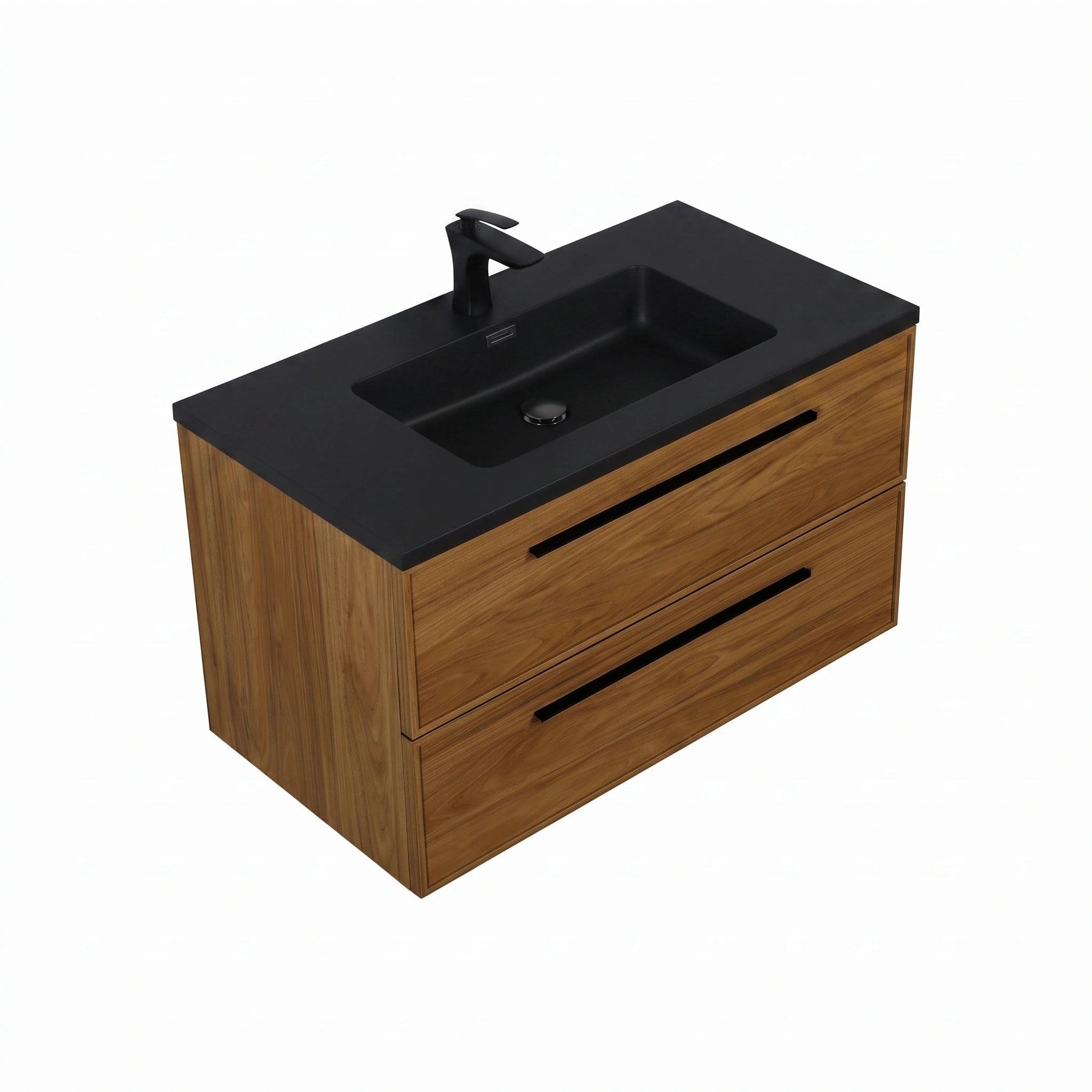Meuble-lavabo mural 36" Honey Gold Walnut avec comptoir en quartz usiné noir et poignées
