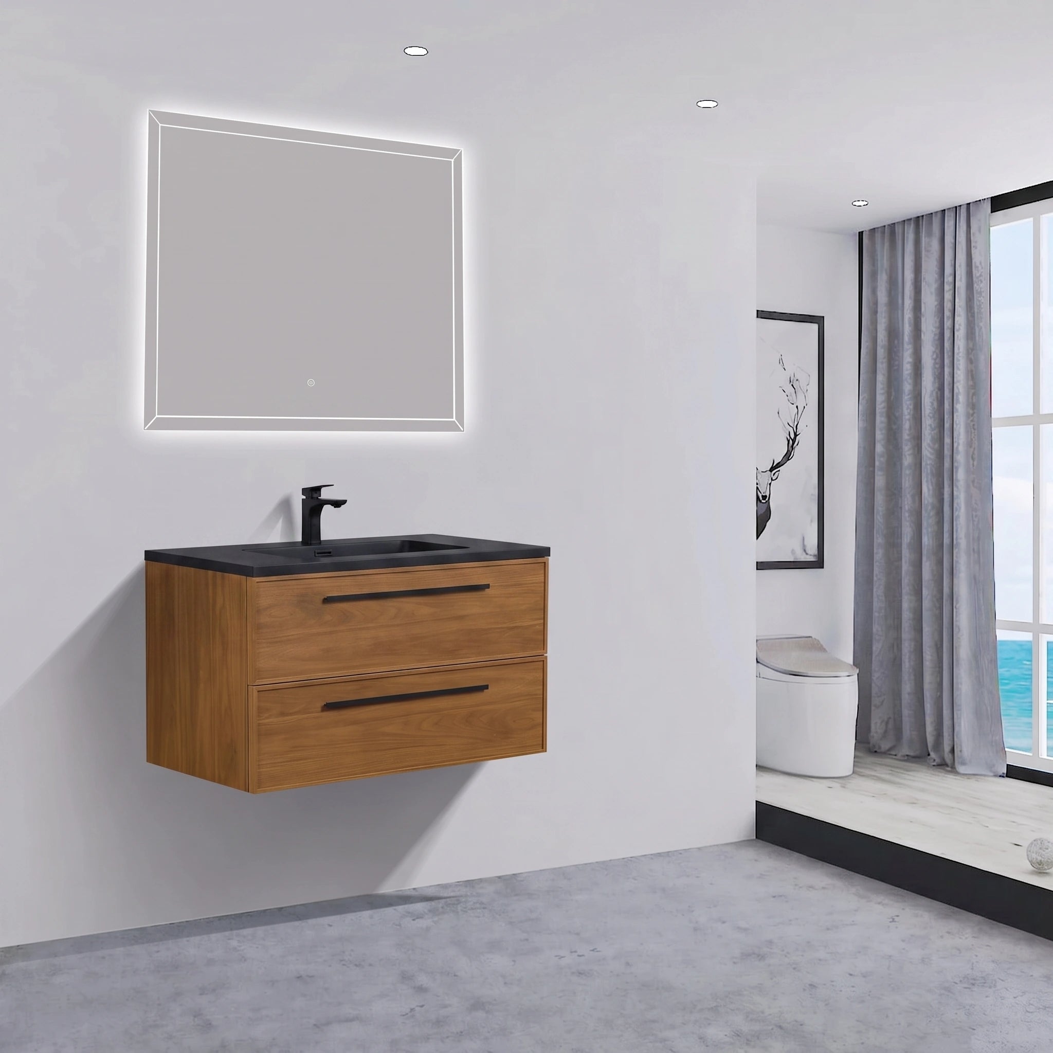 Meuble-lavabo mural 36" Honey Gold Walnut avec comptoir en quartz usiné noir et poignées
