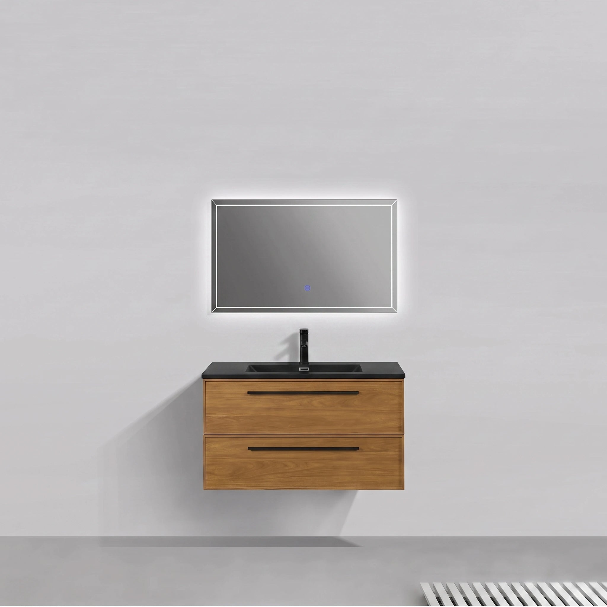 Meuble-lavabo mural 36" Honey Gold Walnut avec comptoir en quartz usiné noir et poignées