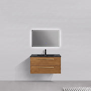 Meuble-lavabo mural 36" Honey Gold Walnut avec comptoir en quartz usiné noir et poignées