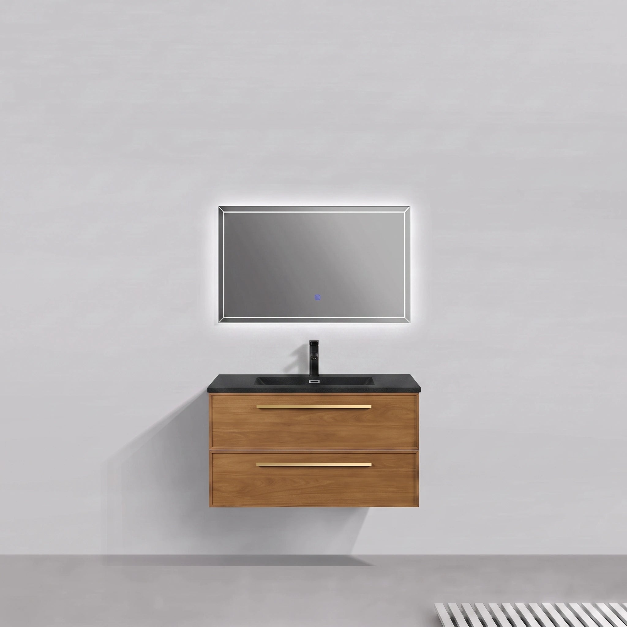 Meuble-lavabo mural 36" Honey Gold Walnut avec comptoir en quartz usiné noir et poignées