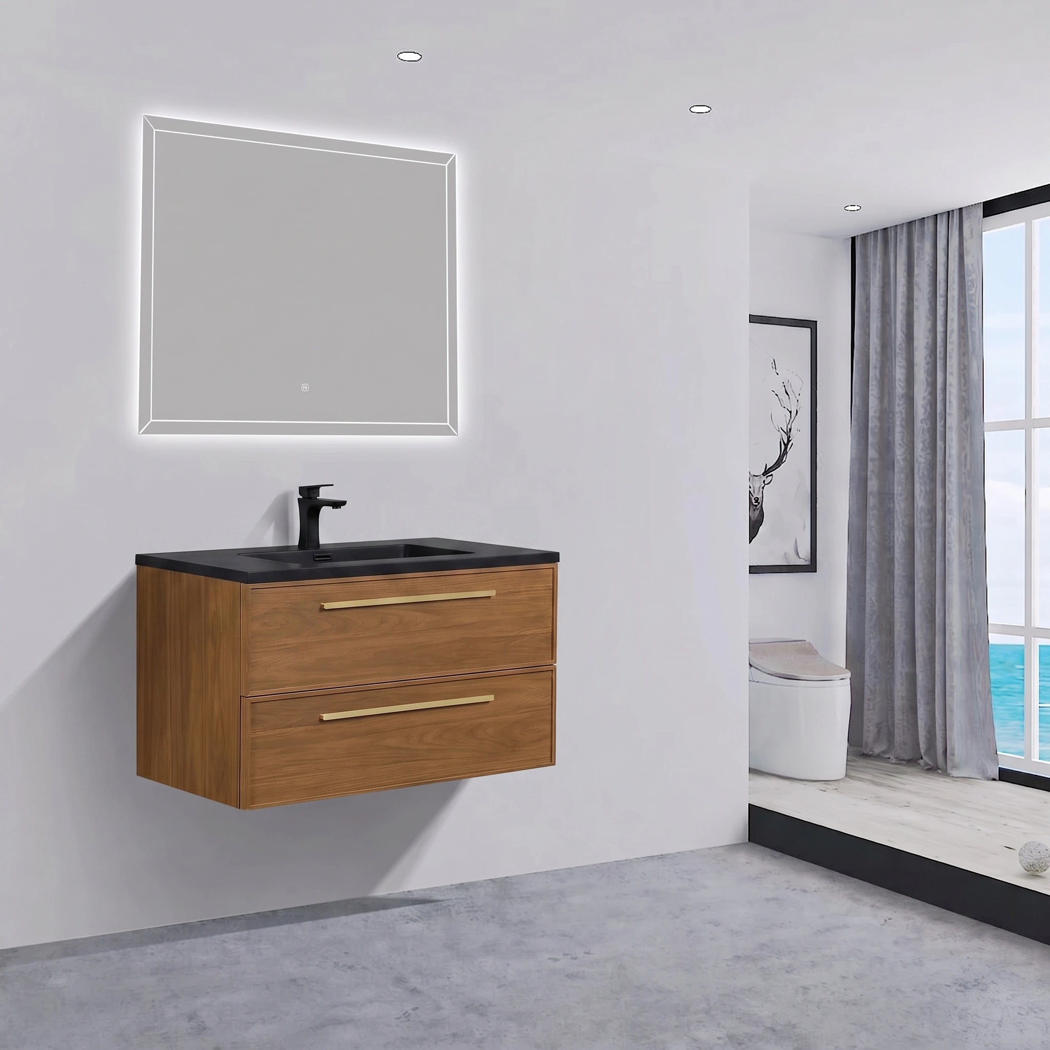 Meuble-lavabo mural 36" Honey Gold Walnut avec comptoir en quartz usiné noir et poignées