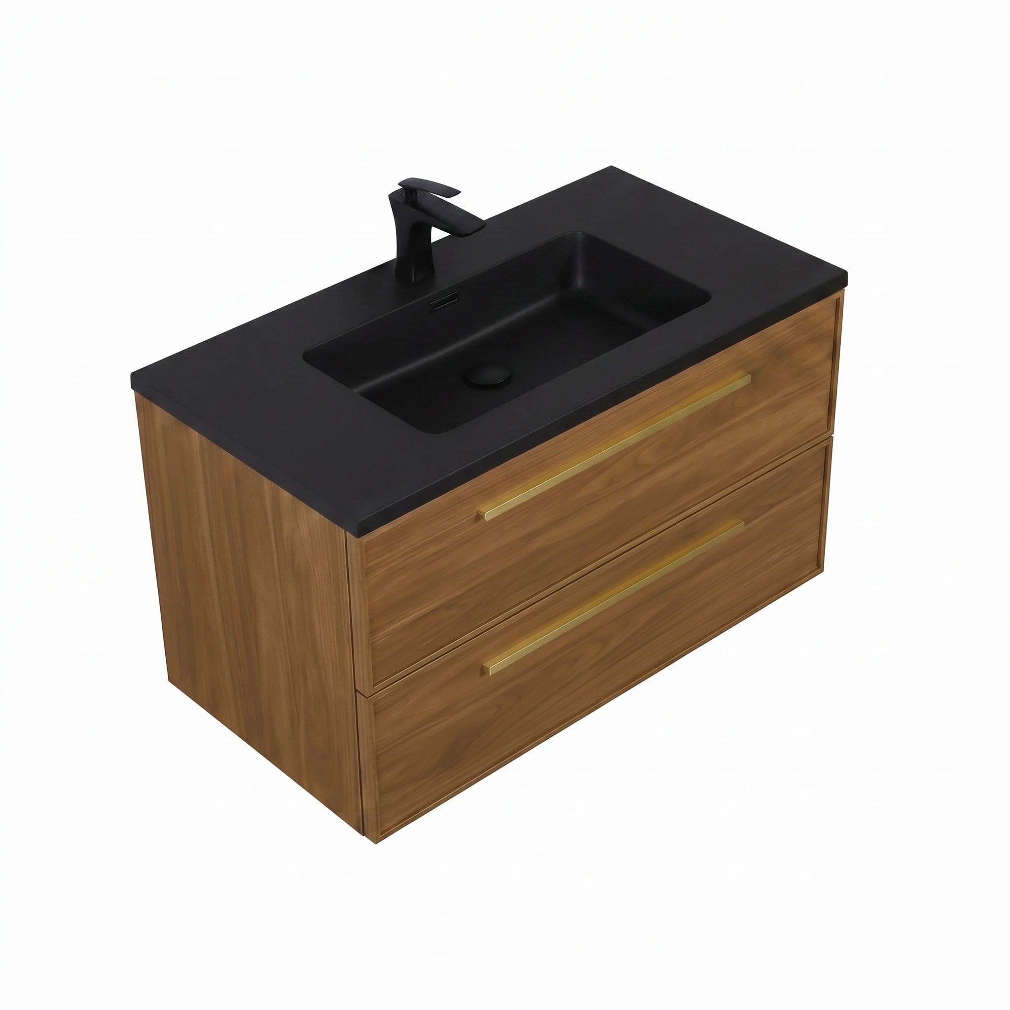 Meuble-lavabo mural 36" Honey Gold Walnut avec comptoir en quartz usiné noir et poignées