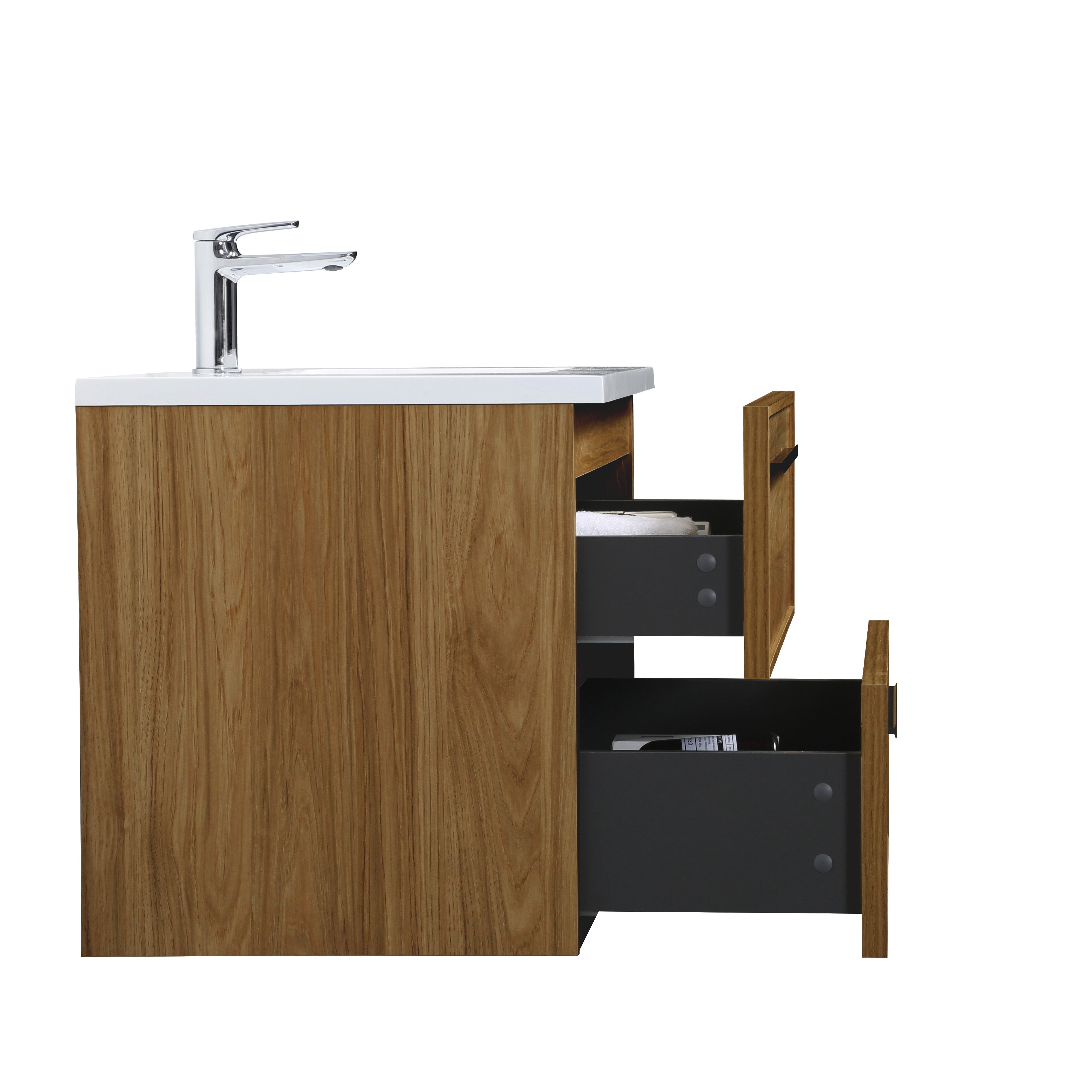36" Honey Gold Walnut Wall Mount Bathroom Vanity with White Polymarble Countertop and Handles