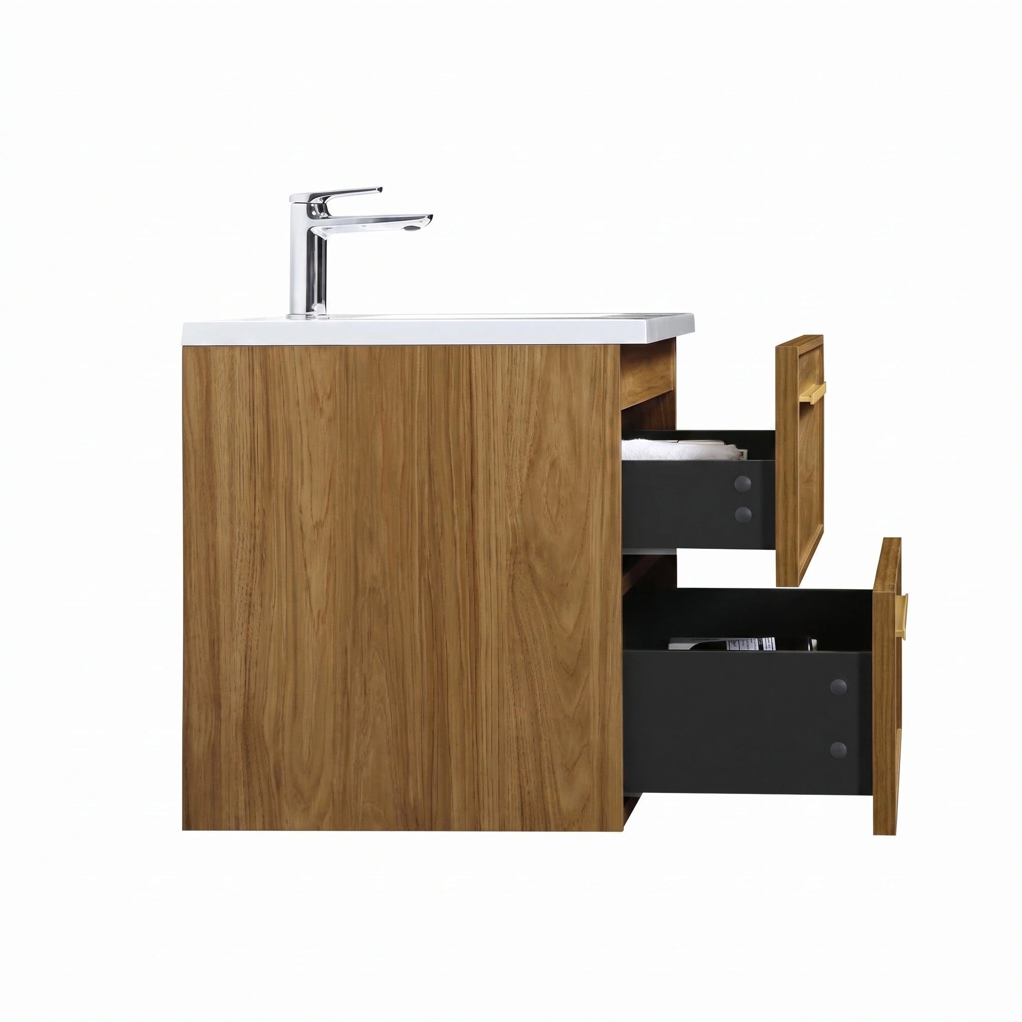 36" Honey Gold Walnut Wall Mount Bathroom Vanity with White Polymarble Countertop and Handles