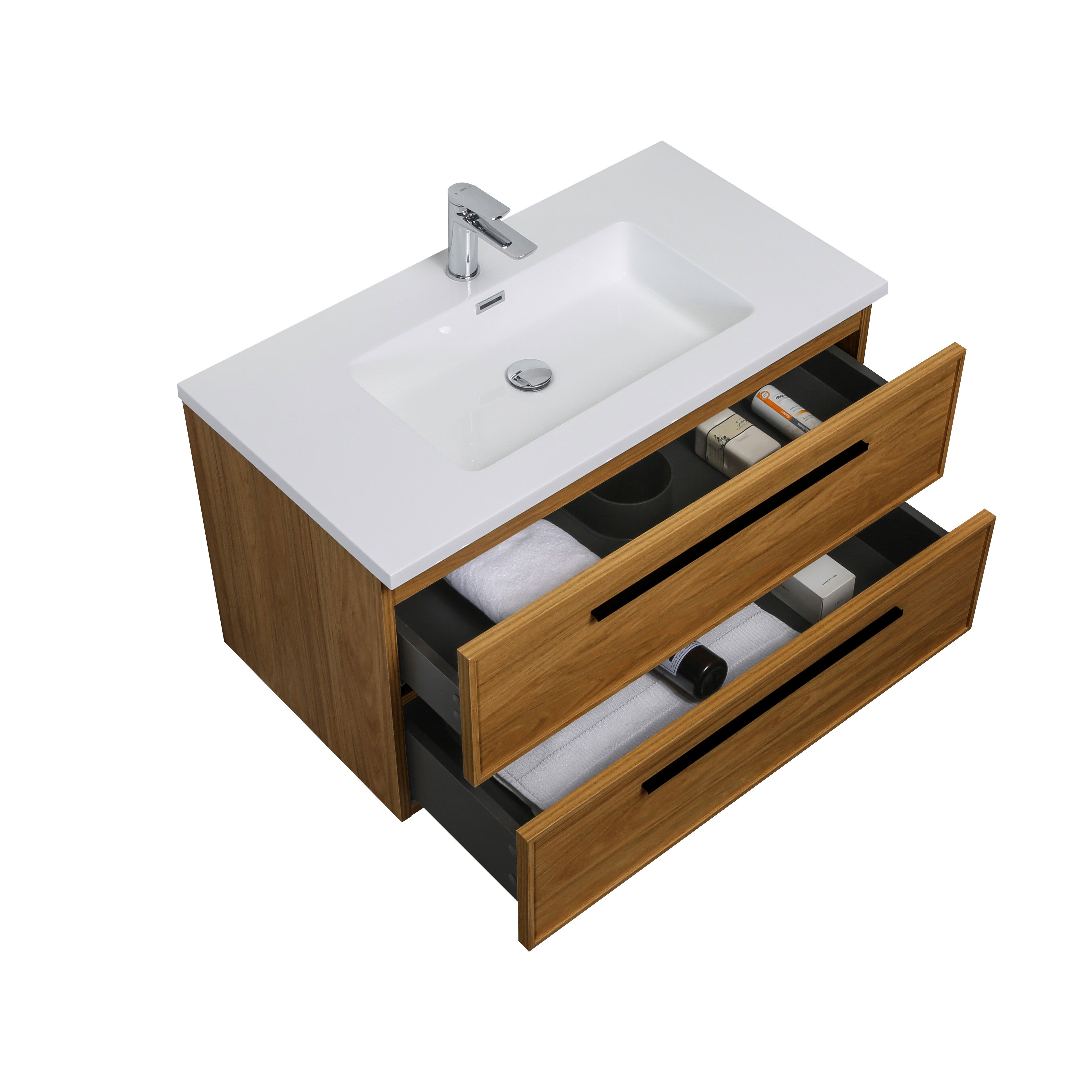 36" Honey Gold Walnut Wall Mount Bathroom Vanity with White Polymarble Countertop and Handles