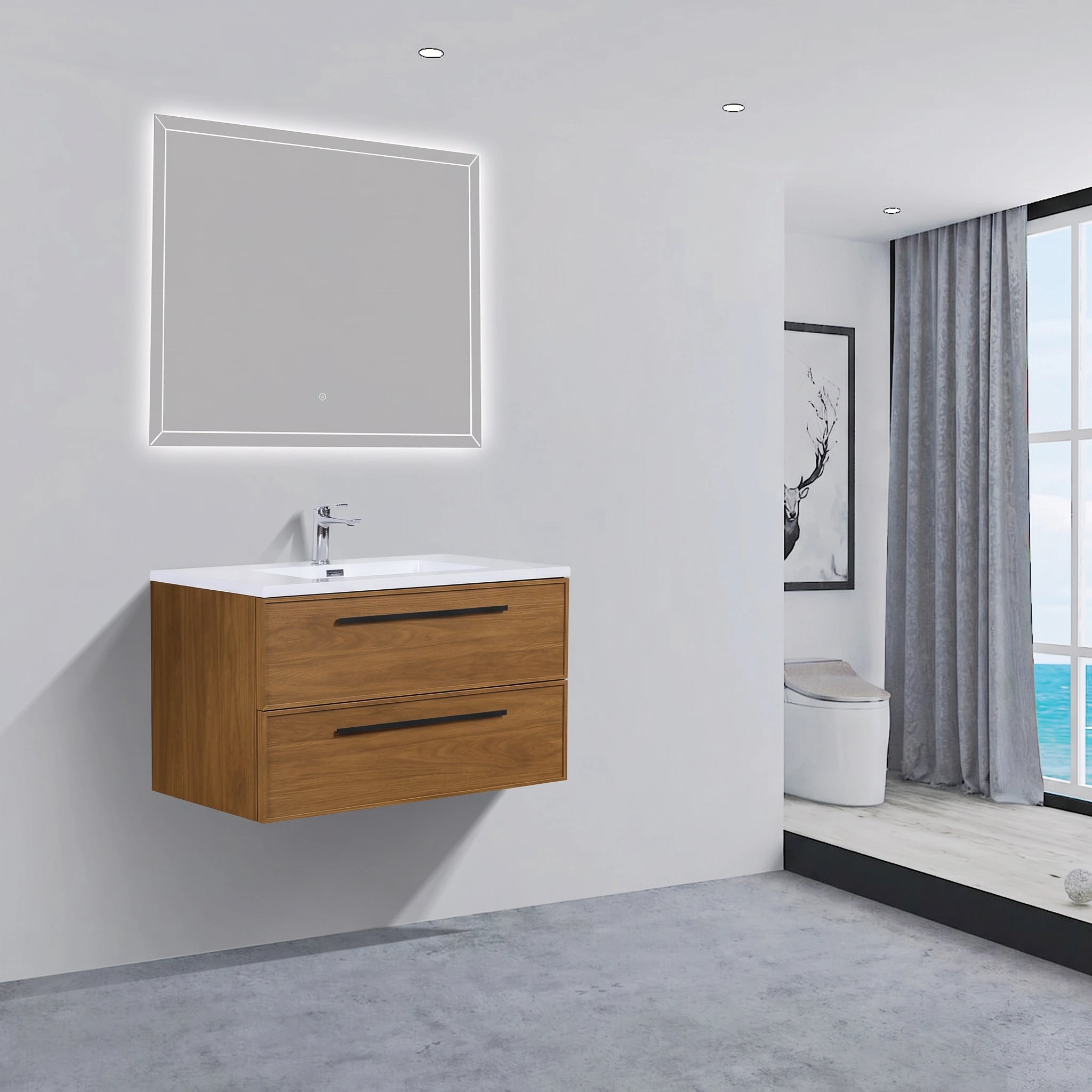 36" Honey Gold Walnut Wall Mount Bathroom Vanity with White Polymarble Countertop and Handles