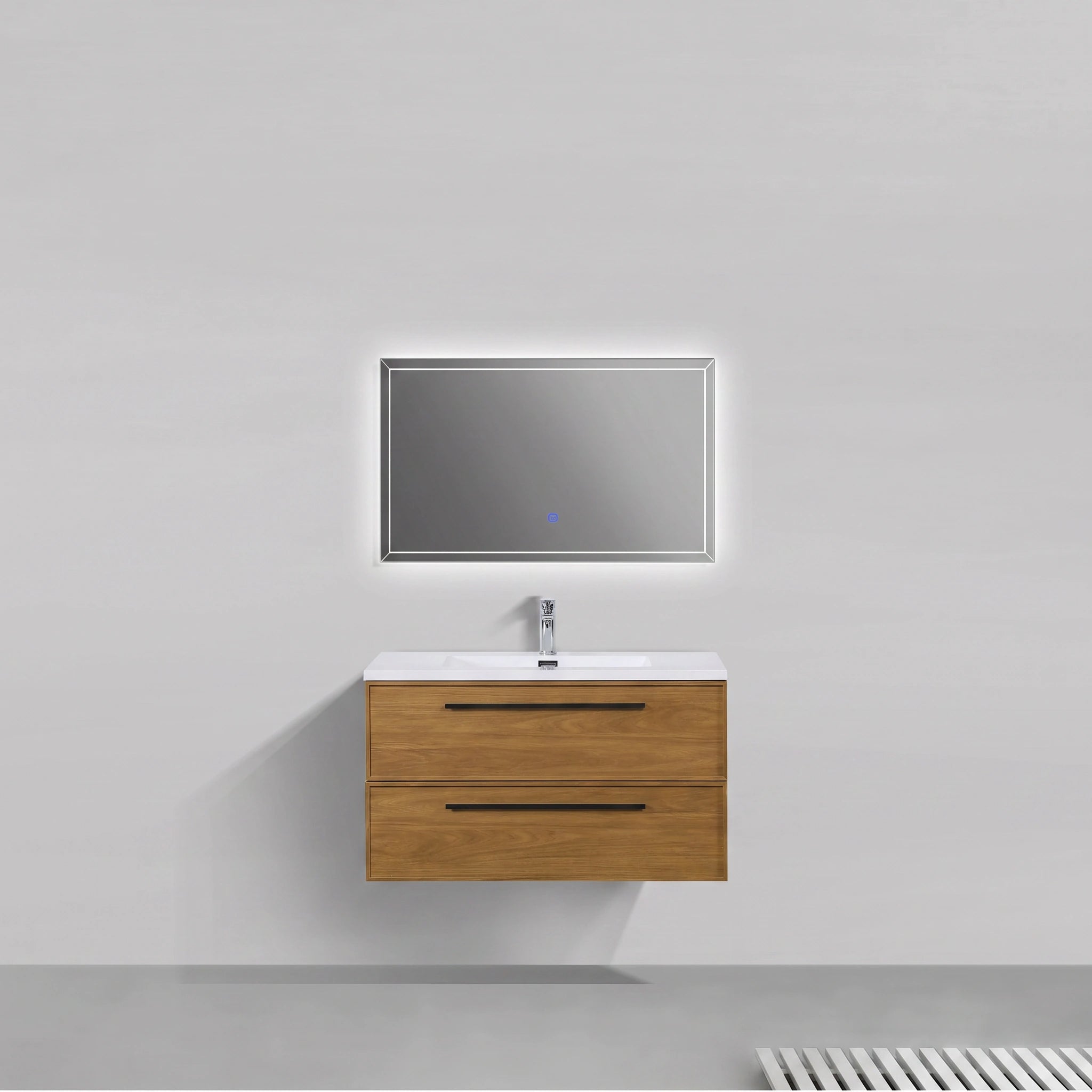 36" Honey Gold Walnut Wall Mount Bathroom Vanity with White Polymarble Countertop and Handles