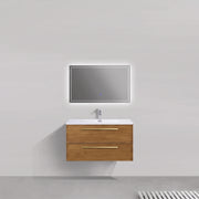 36" Honey Gold Walnut Wall Mount Bathroom Vanity with White Polymarble Countertop and Handles