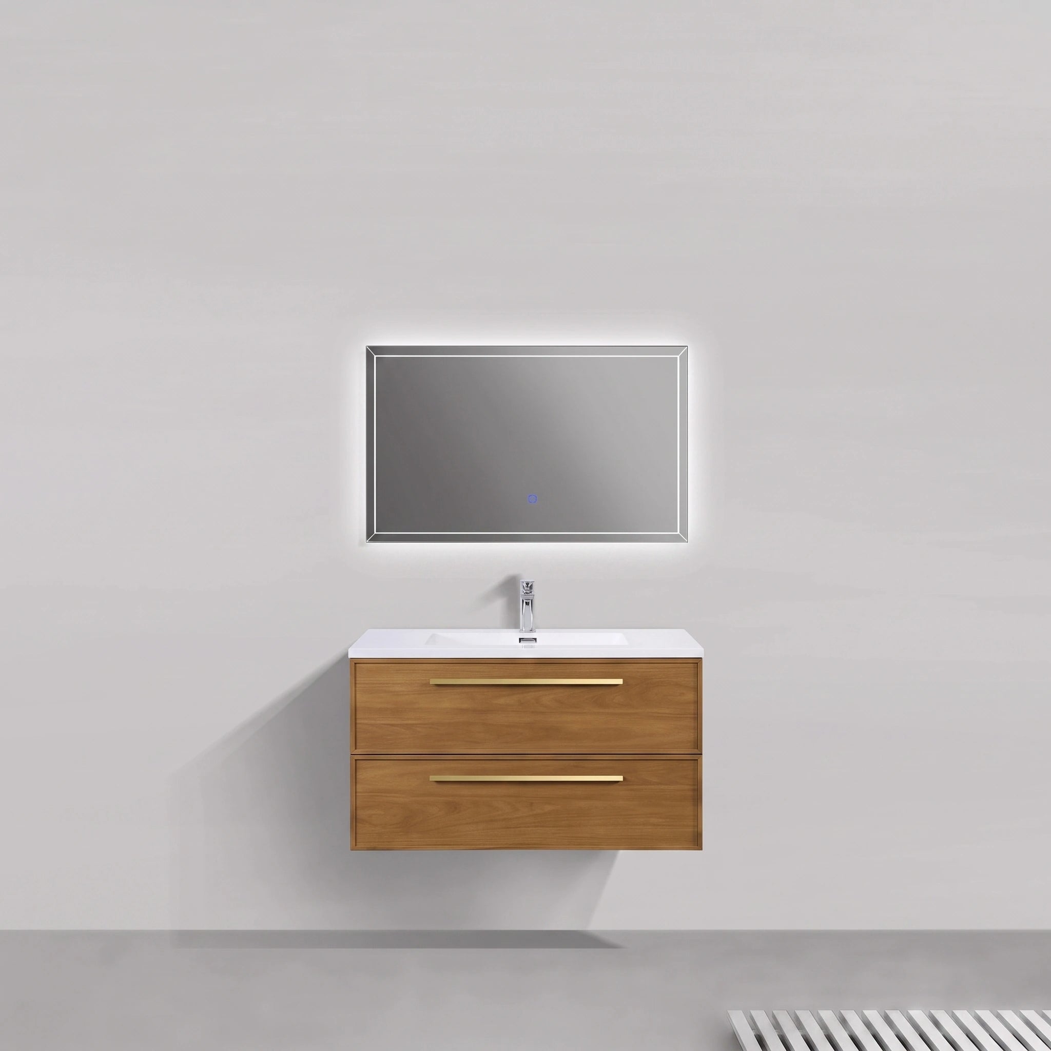 36" Honey Gold Walnut Wall Mount Bathroom Vanity with White Polymarble Countertop and Handles