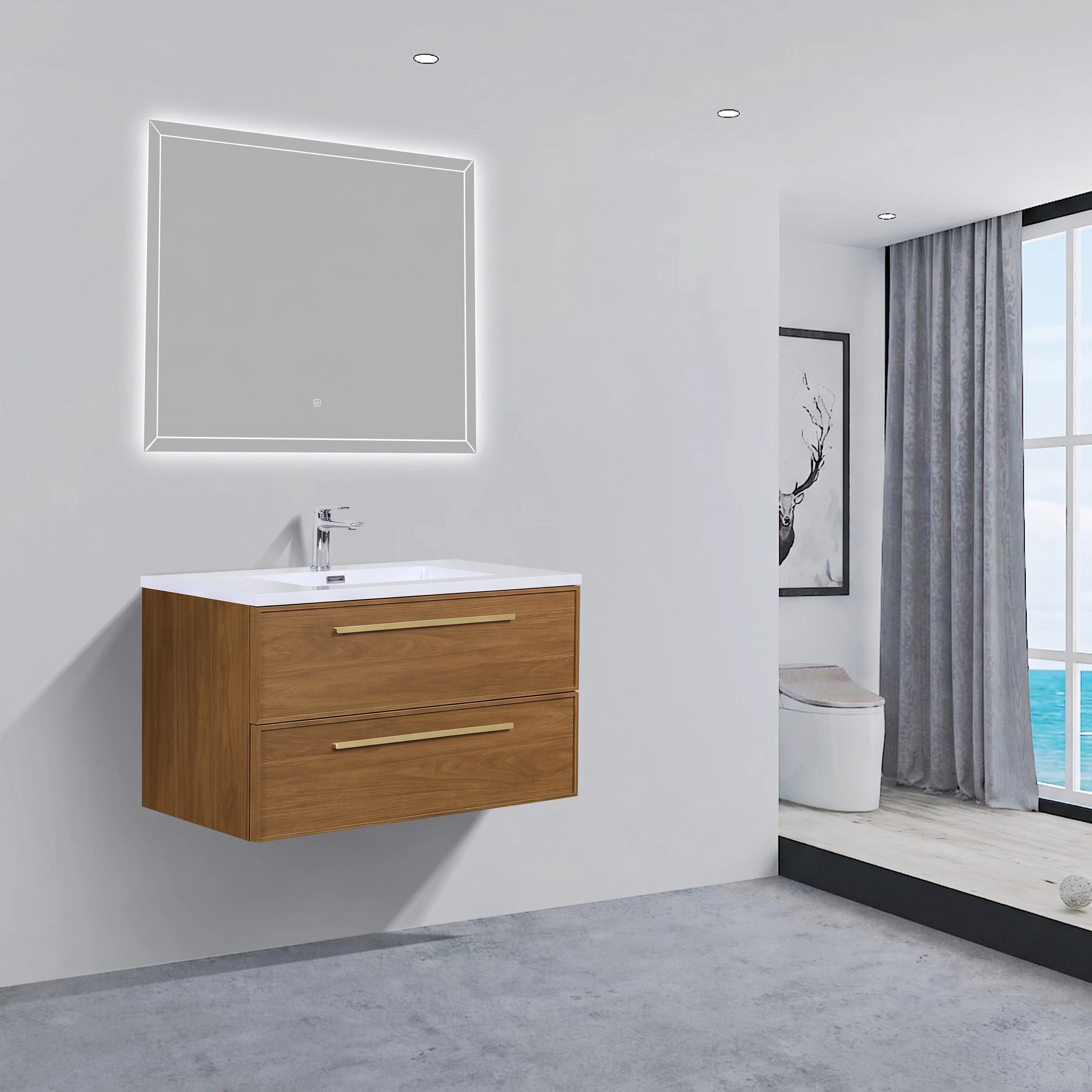 36" Honey Gold Walnut Wall Mount Bathroom Vanity with White Polymarble Countertop and Handles