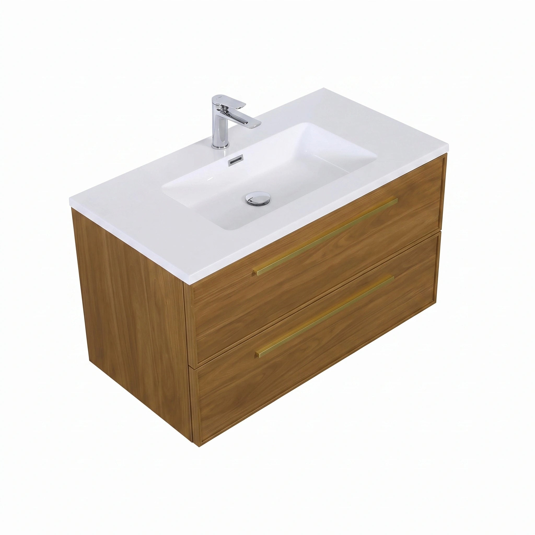 36" Honey Gold Walnut Wall Mount Bathroom Vanity with White Polymarble Countertop and Handles