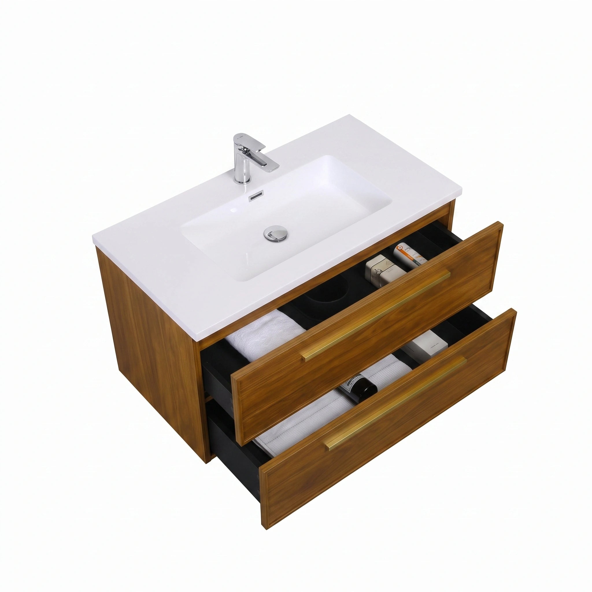 36" Honey Gold Walnut Wall Mount Bathroom Vanity with White Polymarble Countertop and Handles