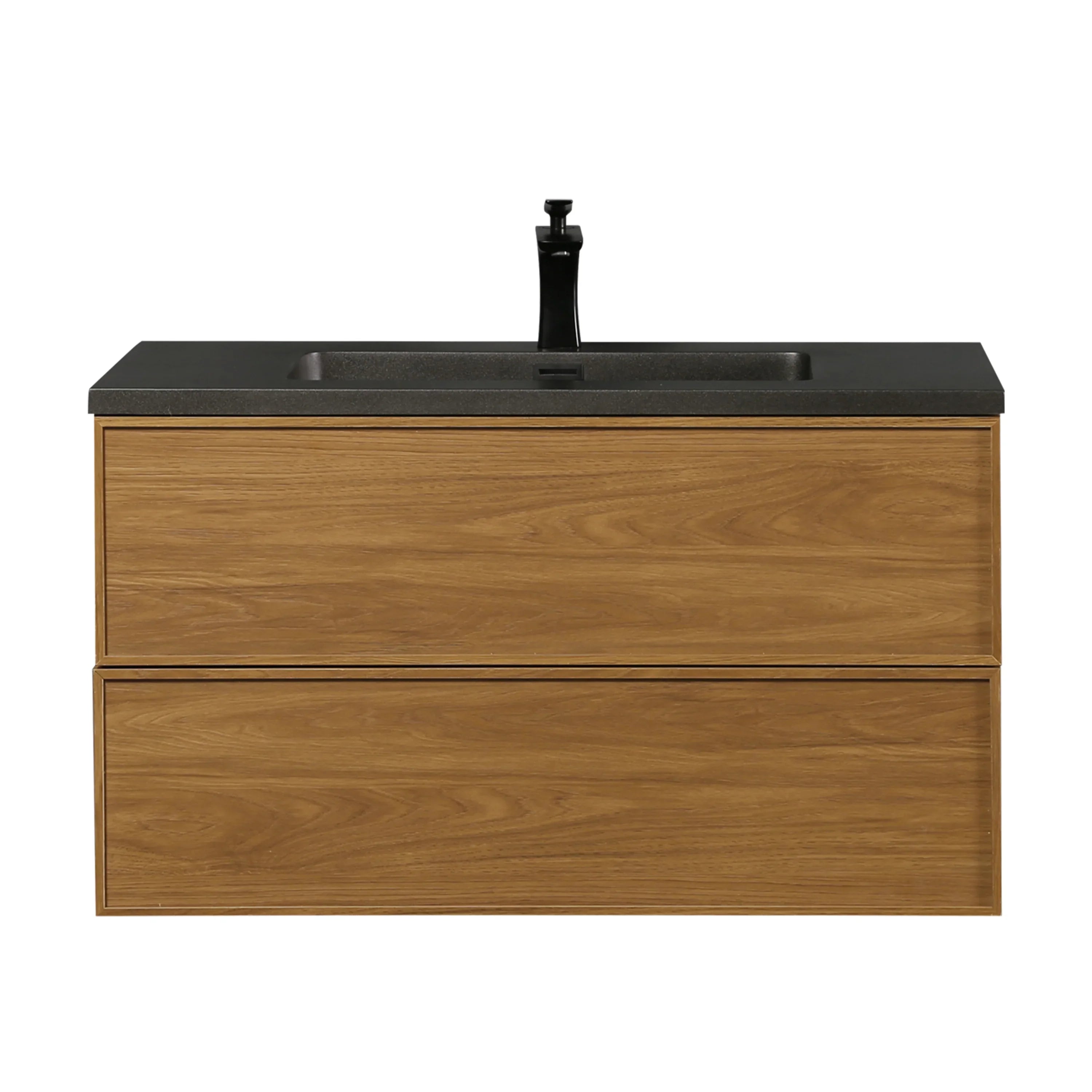 36" Honey Gold Walnut Wall Mount Bathroom Vanity with Black Engineered Quartz Countertop