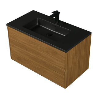 Meuble-Lavabo Mural 36po Noyer Miel Doré avec Comptoir de Quartz d'ingénierie Noir