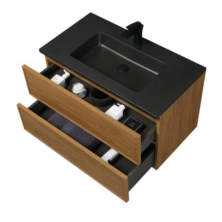 Meuble-Lavabo Mural 36po Noyer Miel Doré avec Comptoir de Quartz d'ingénierie Noir