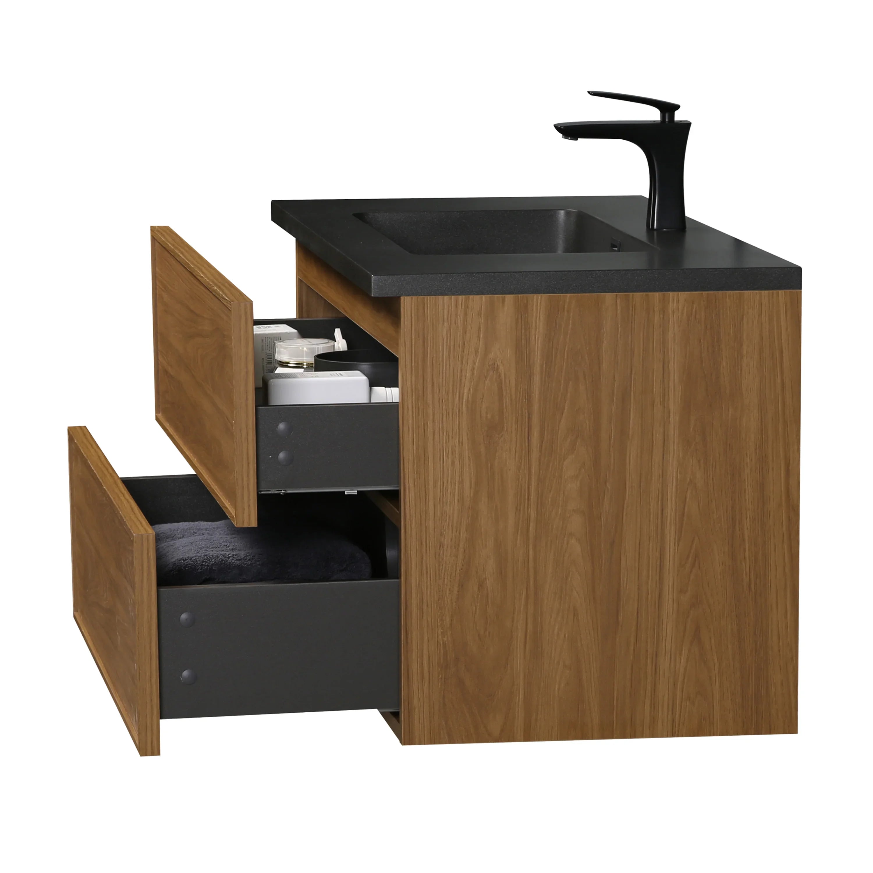 36" Honey Gold Walnut Wall Mount Bathroom Vanity with Black Engineered Quartz Countertop