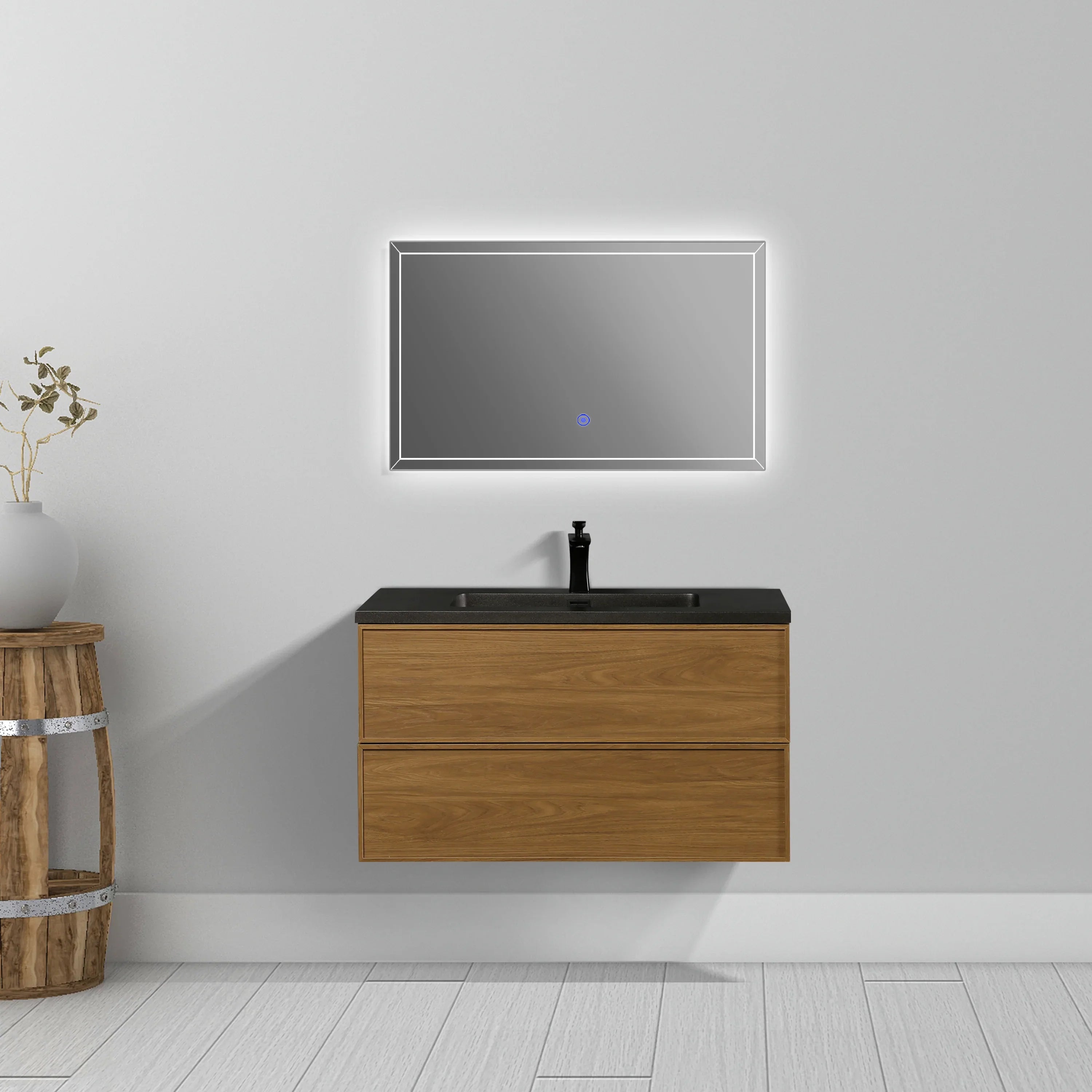 36" Honey Gold Walnut Wall Mount Bathroom Vanity with Black Engineered Quartz Countertop