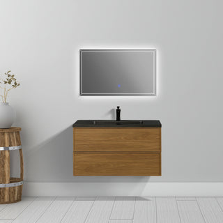 Meuble-Lavabo Mural 36po Noyer Miel Doré avec Comptoir de Quartz d'ingénierie Noir