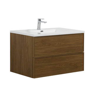 Meuble-Lavabo Mural 36po Noyer Miel Doré avec Comptoir de Polymarbre Blanc