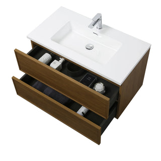 Meuble-Lavabo Mural 36po Noyer Miel Doré avec Comptoir de Polymarbre Blanc