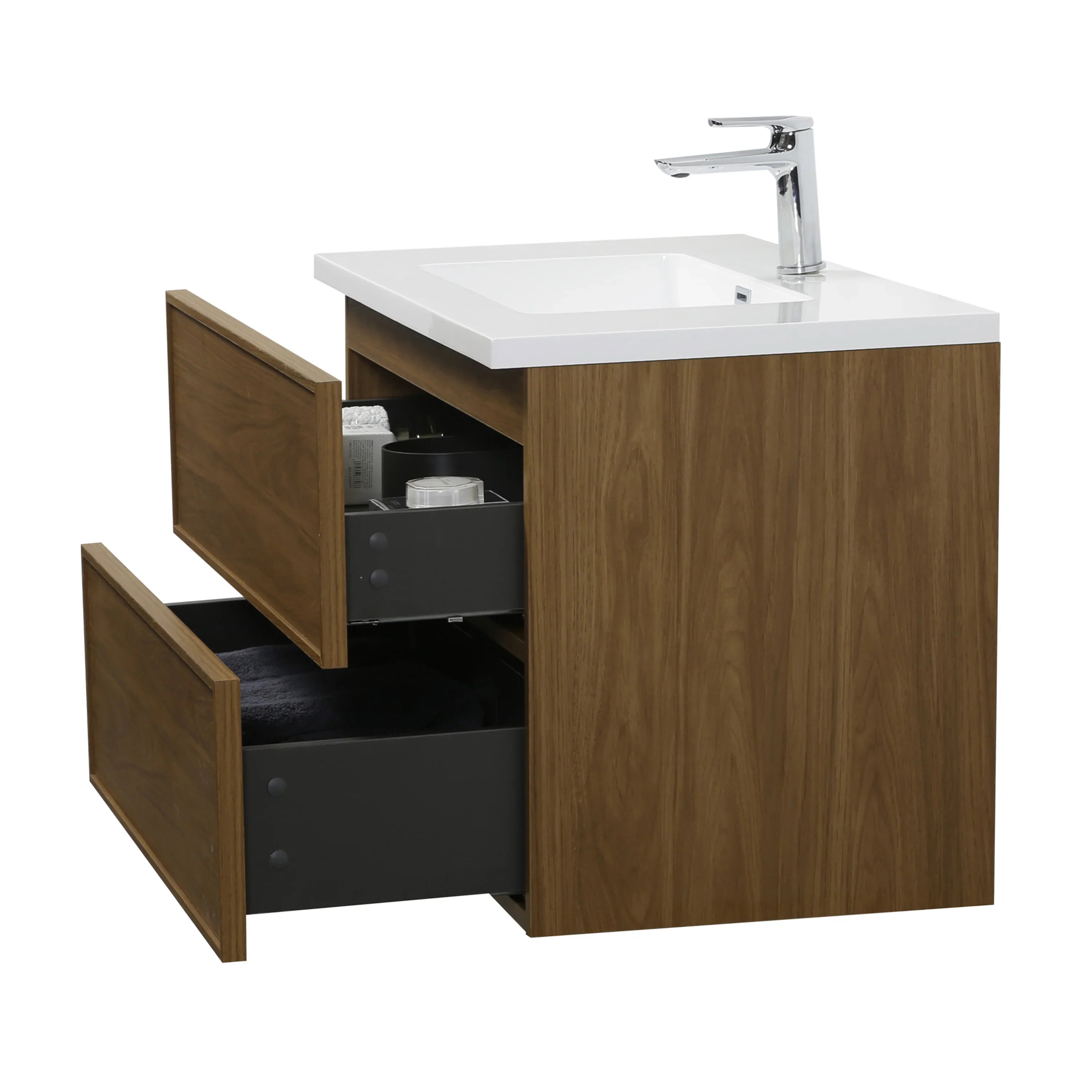 36" Honey Gold Walnut Wall Mount Bathroom Vanity with White Polymarble Countertop