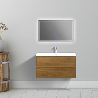 Meuble-Lavabo Mural 36po Noyer Miel Doré avec Comptoir de Polymarbre Blanc