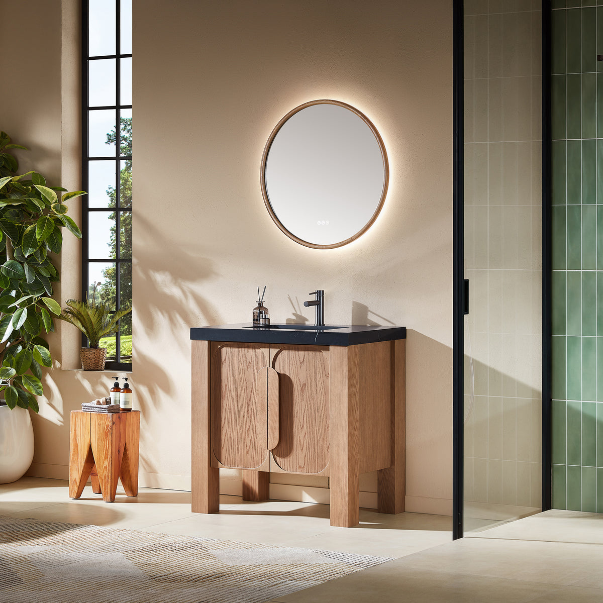 36" Natural Teak Freestanding Bathroom Vanity with Black Marquina Quartz Countertop