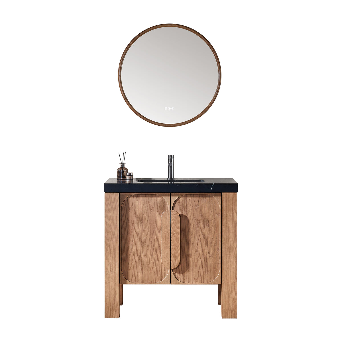 36" Natural Teak Freestanding Bathroom Vanity with Black Marquina Quartz Countertop