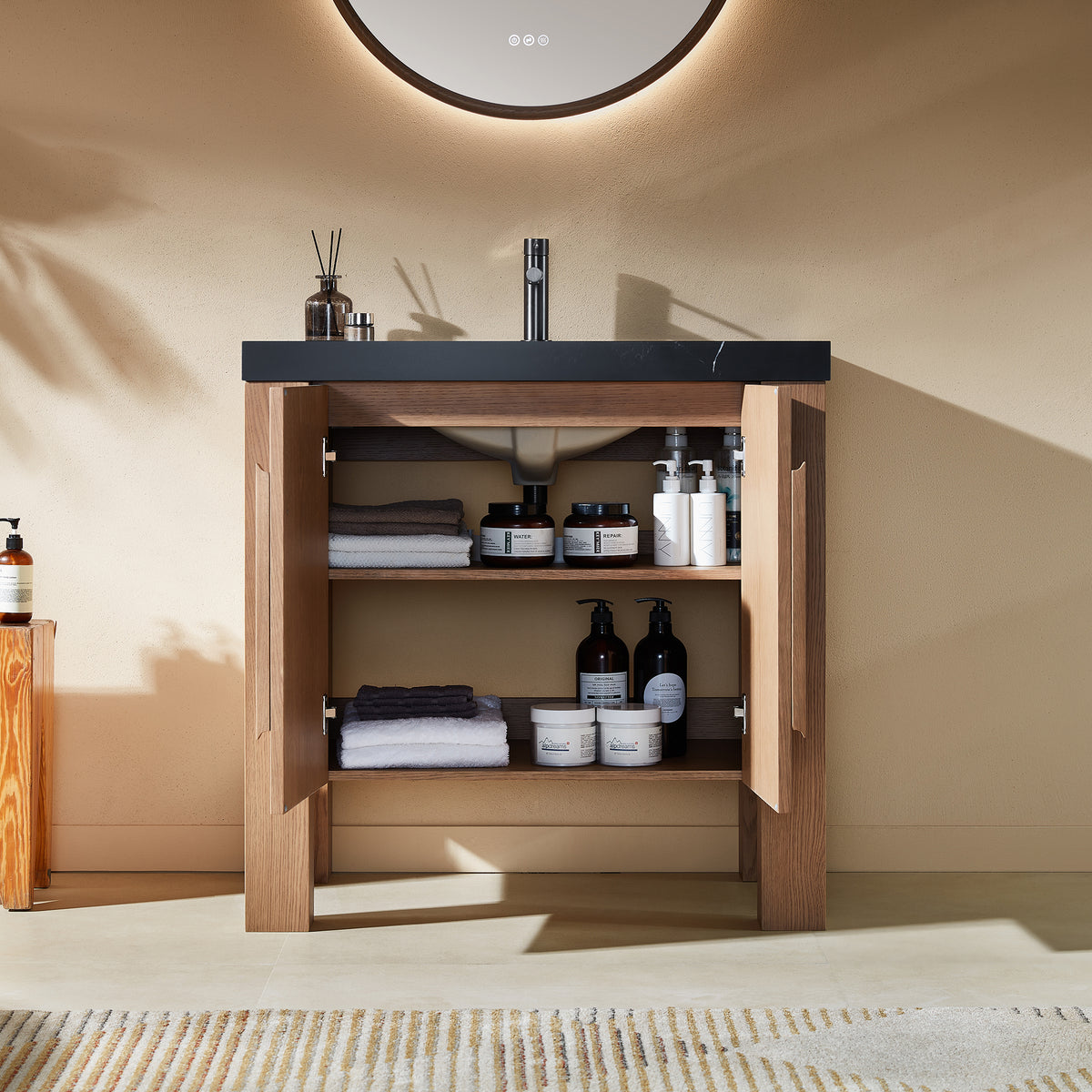 36" Natural Teak Freestanding Bathroom Vanity with Black Marquina Quartz Countertop