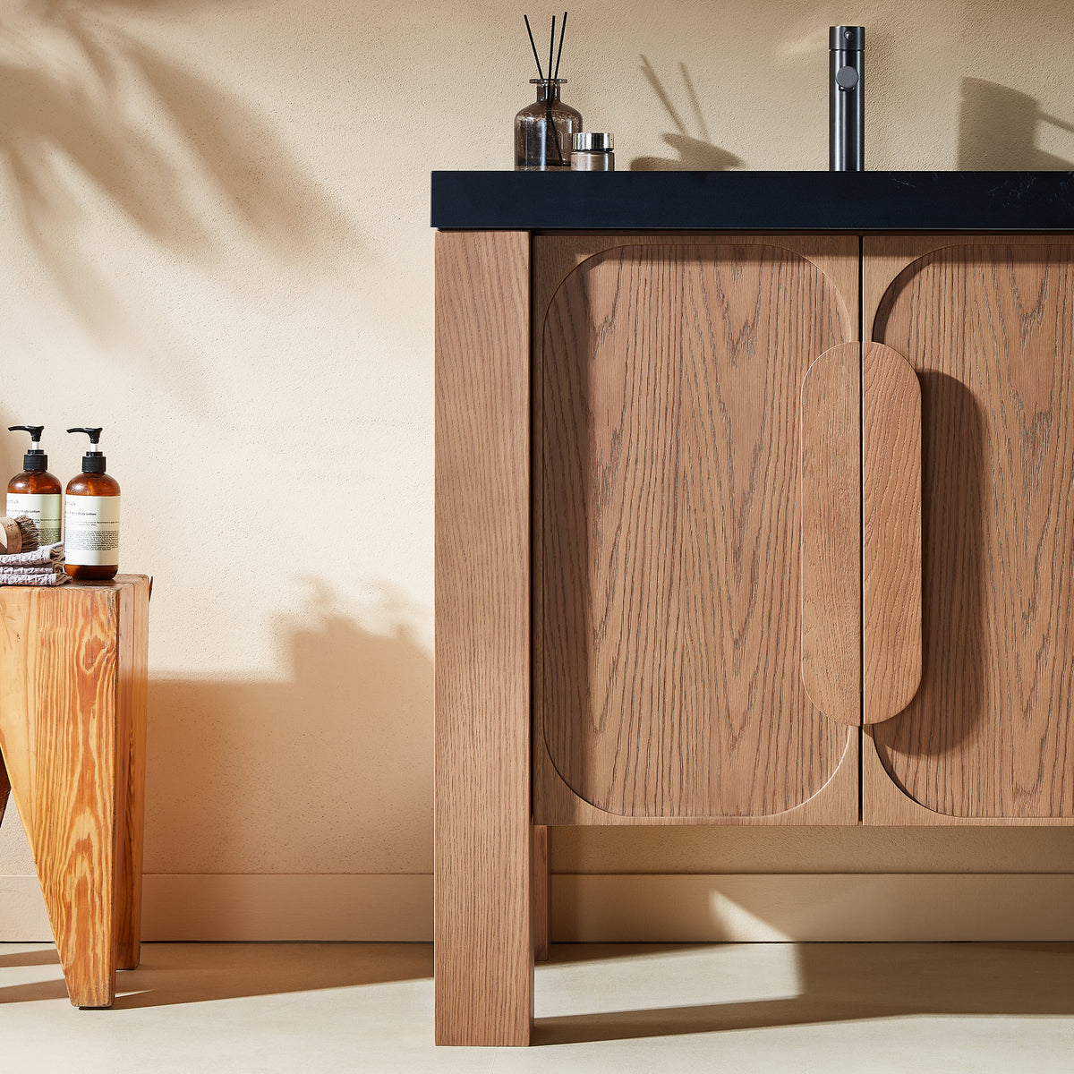 36" Natural Teak Freestanding Bathroom Vanity with Black Marquina Quartz Countertop