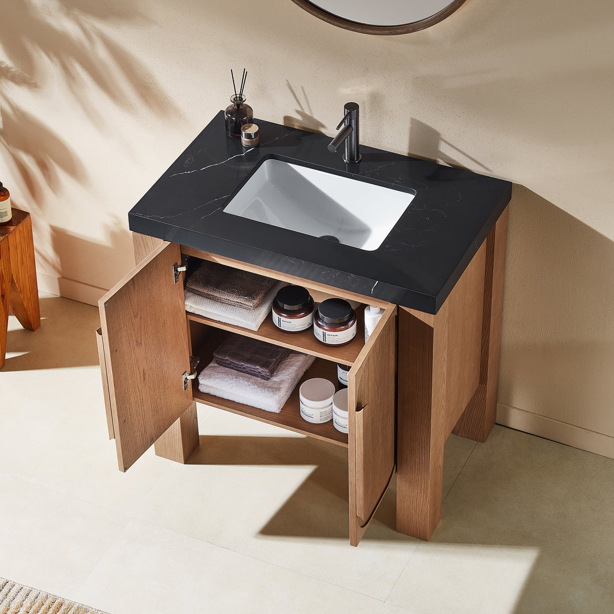 36" Natural Teak Freestanding Bathroom Vanity with Black Marquina Quartz Countertop