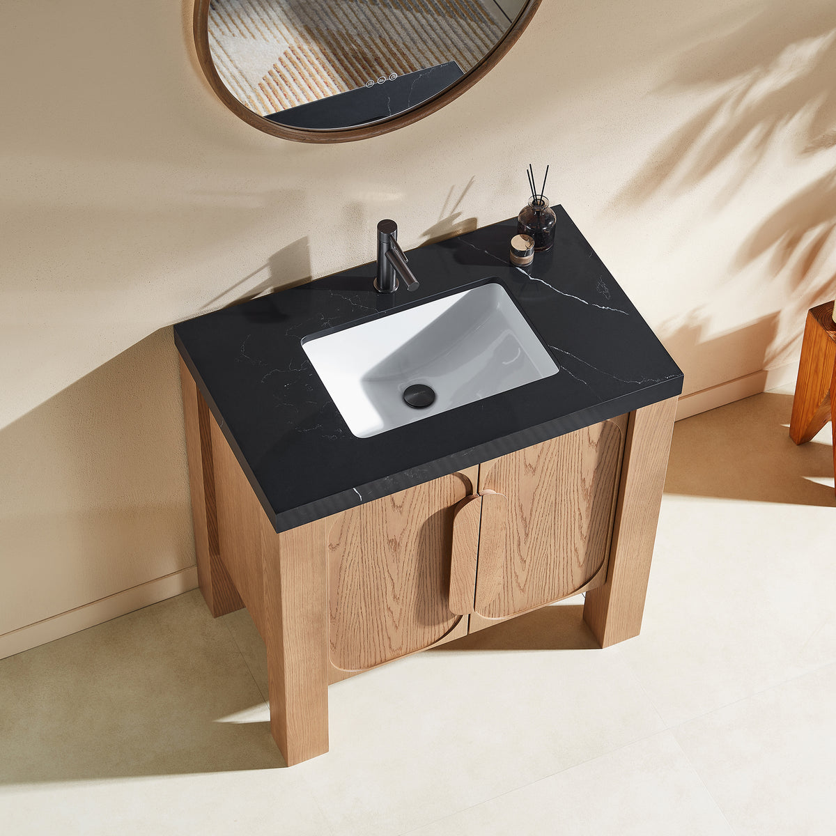 36" Natural Teak Freestanding Bathroom Vanity with Black Marquina Quartz Countertop