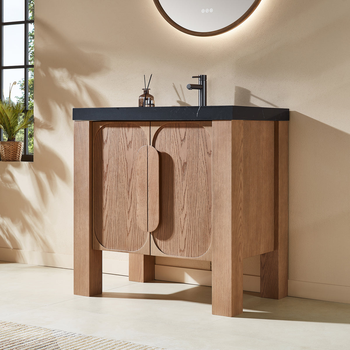 36" Natural Teak Freestanding Bathroom Vanity with Black Marquina Quartz Countertop