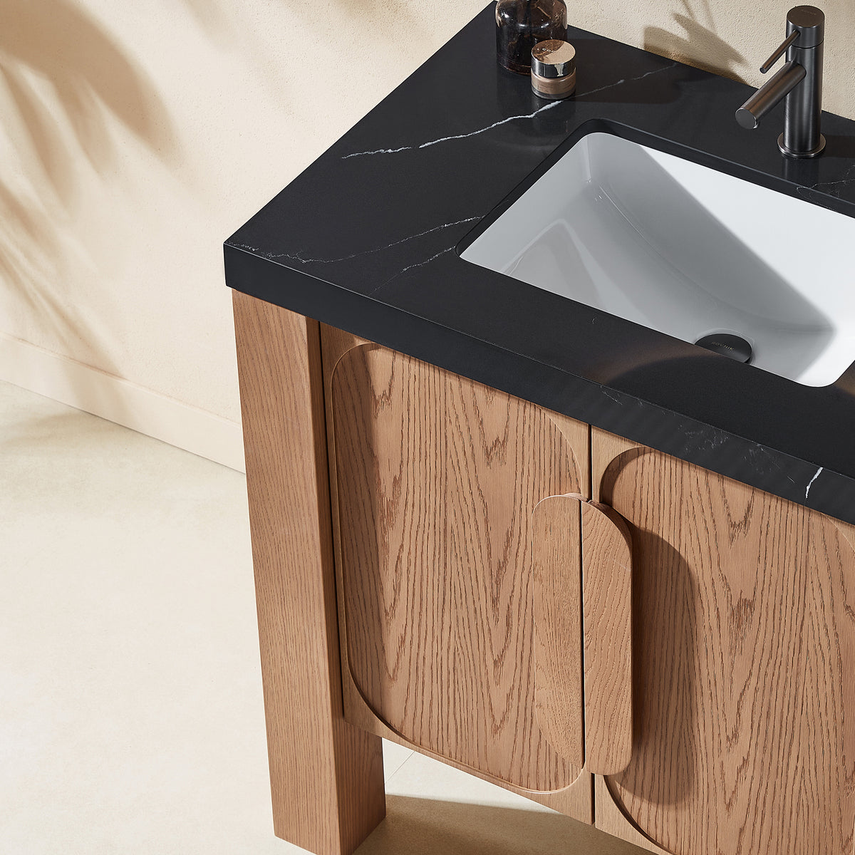 36" Natural Teak Freestanding Bathroom Vanity with Black Marquina Quartz Countertop