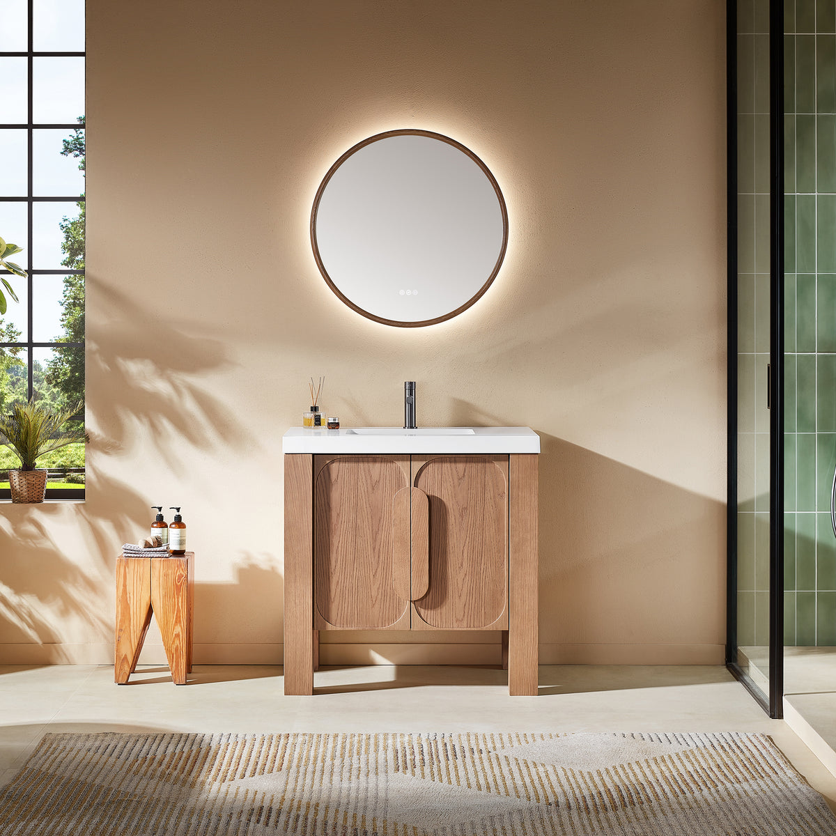 36" Natural Teak Freestanding Bathroom Vanity with Pure White Quartz Countertop