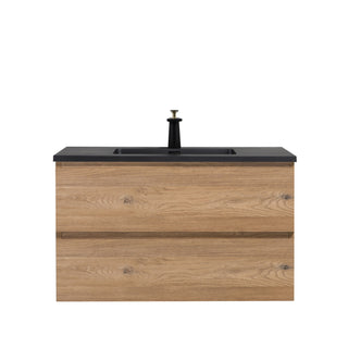 36" Rough Oak Wall Mount Single Sink Bathroom Vanity with Black Engineered Quartz Countertop